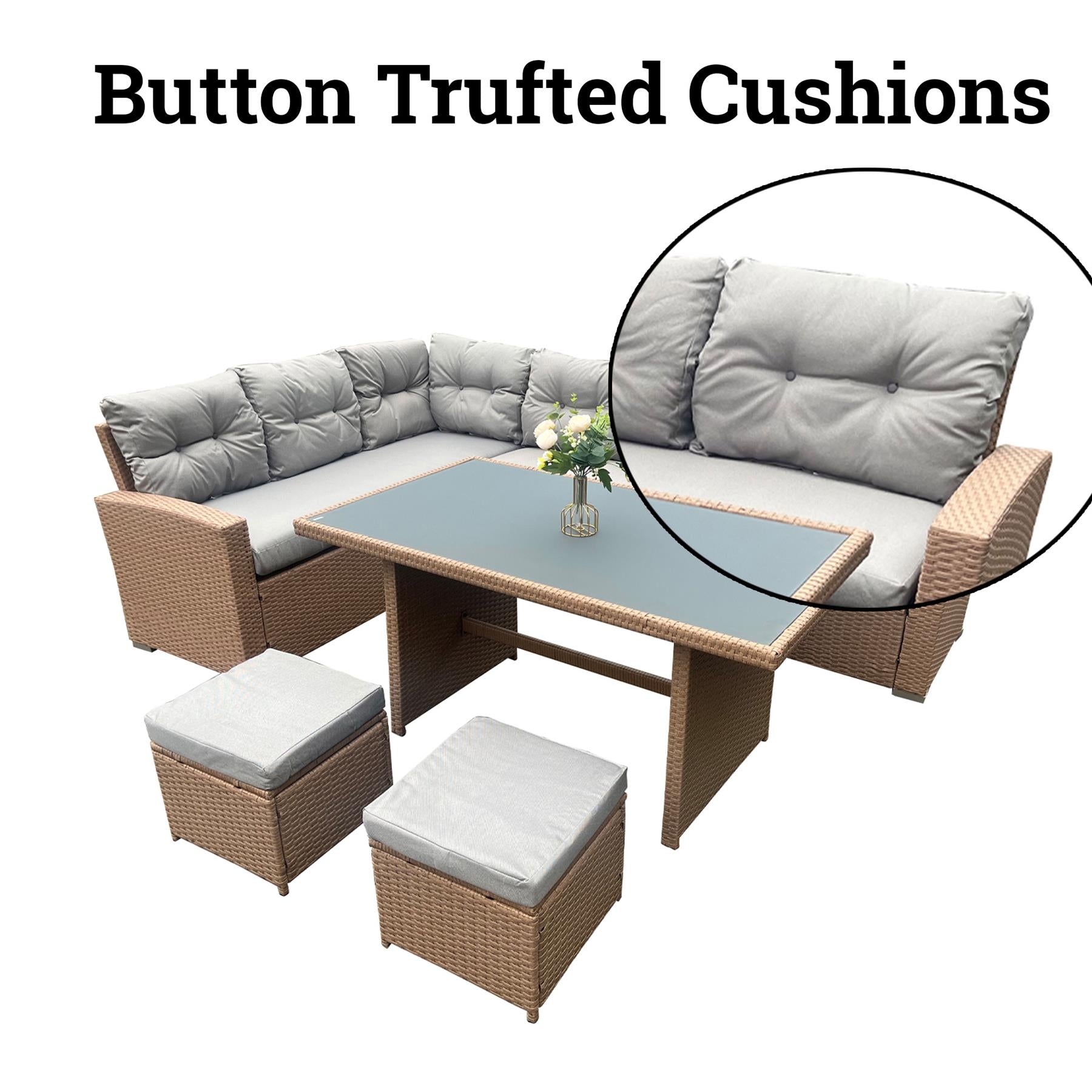 8 Seater Rattan Garden Furniture Corner Sofa Set with Coffee Table, 2pcs Stools, Cushions