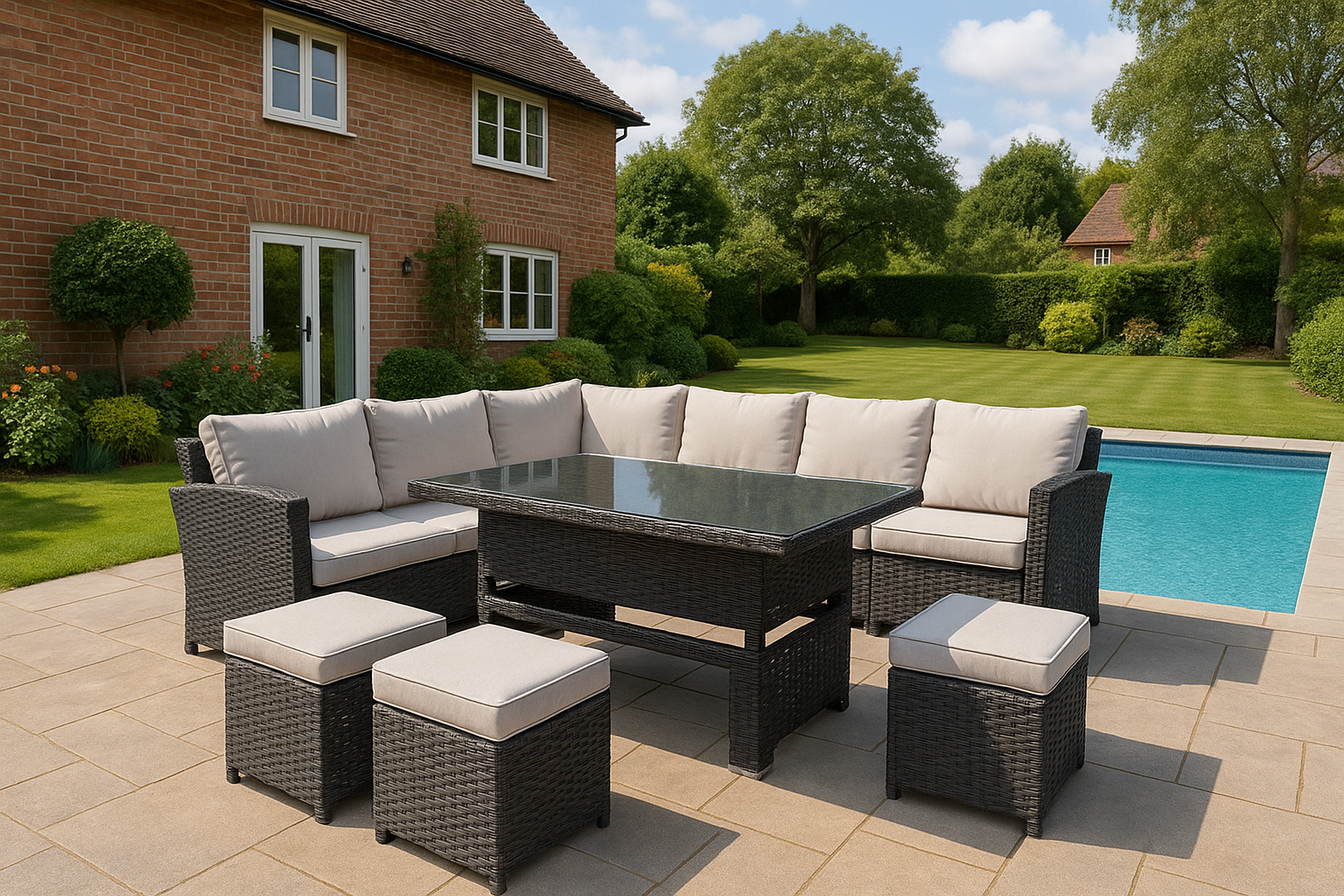 8 Seater Rattan Garden Furniture Corner Sofa Set with Rising Coffee Table, 3pcs Stools, Cushions - Brown