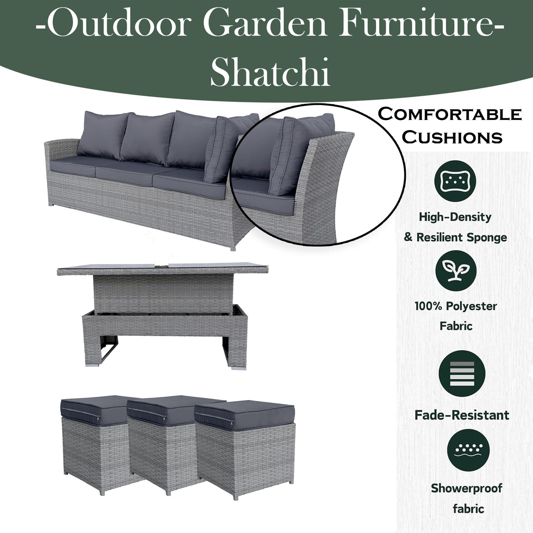 8 Seater Rattan Garden Furniture Corner Sofa Set with Rising Coffee Table, 3pcs Stools, Cushions - Grey