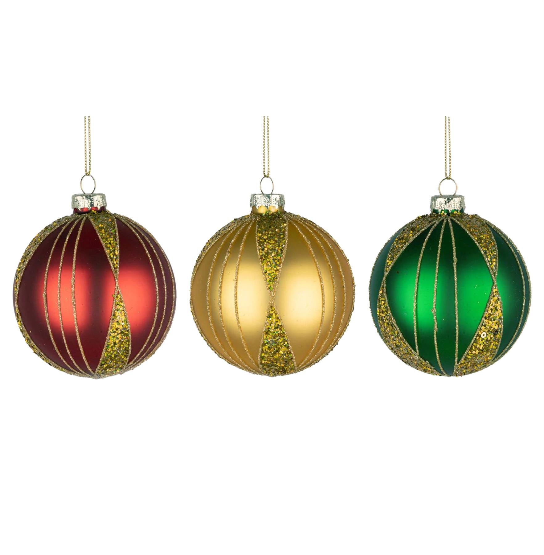 Glass Baubles 12Pcs Set - Red,Gold,Green 3 Assorted Design 8Cm