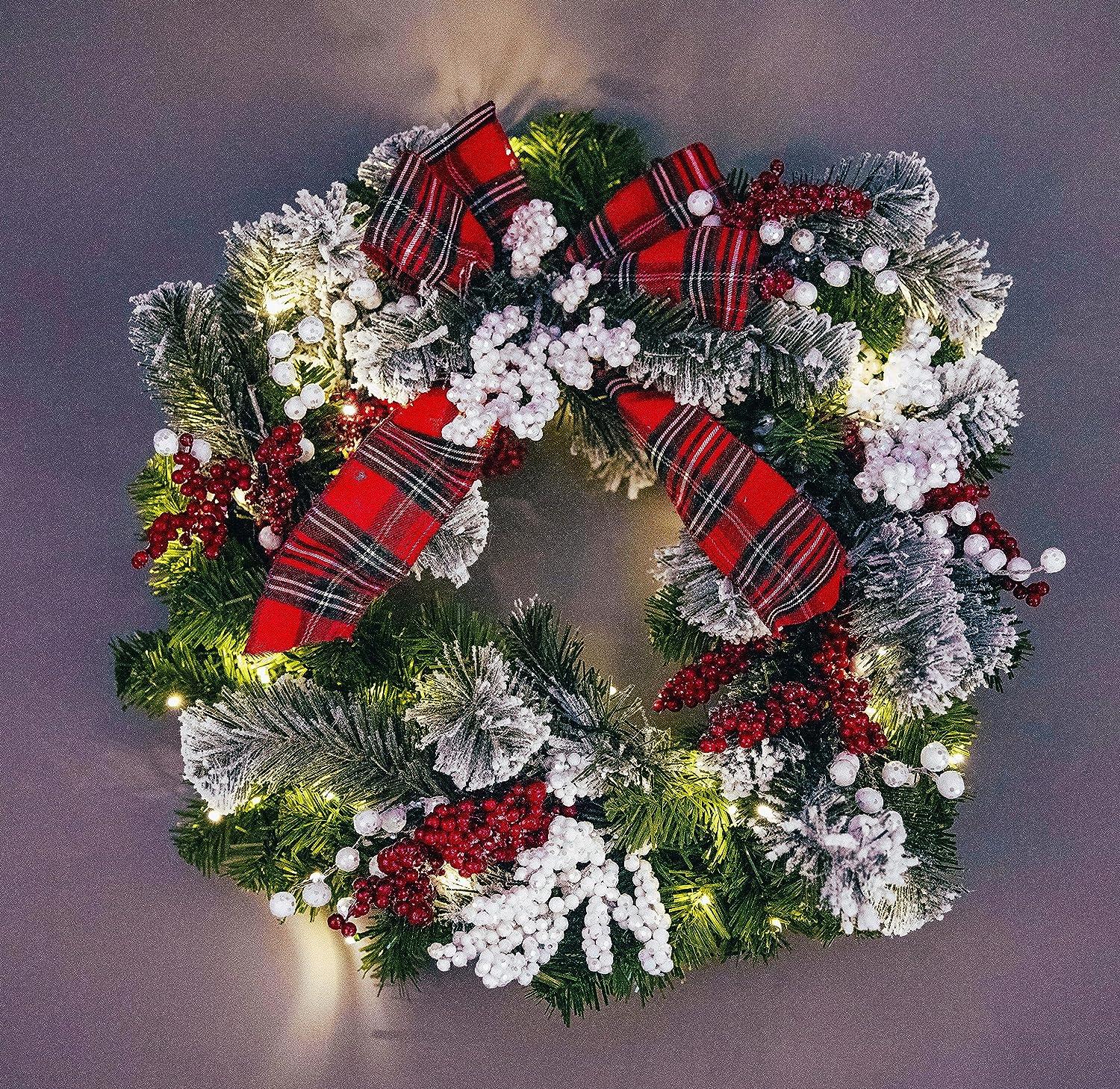 60Cm B/O Pre Lit Frosted /Tartan Ribbon Wreath With 50 Ww Leds