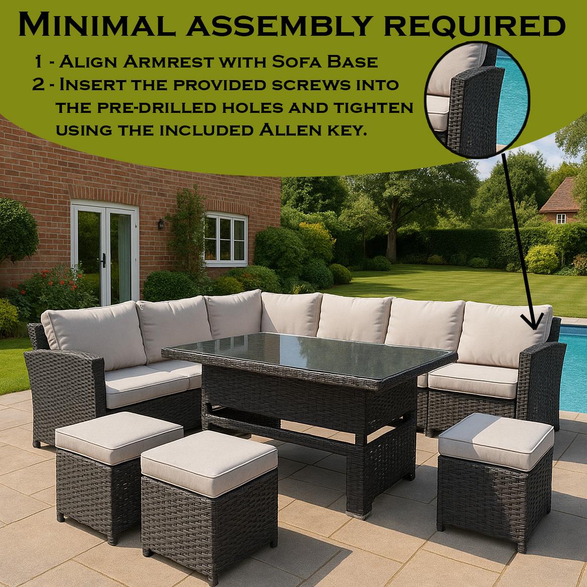8 Seater Rattan Garden Furniture Corner Sofa Set with Rising Coffee Table, 3pcs Stools, Cushions - Brown