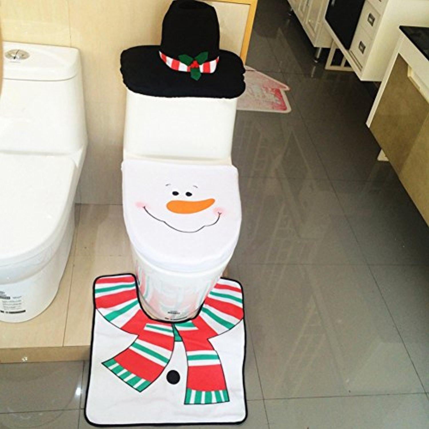 Christmas Snowman Toilet Seat Cover Mat Rug Xmas Party Novelty Home Accessories