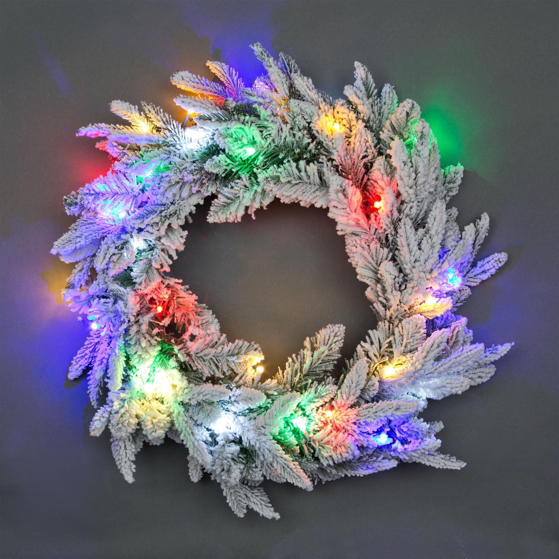 Pre-Lit Multicolour Leds Lapland Fir Snow Flocked Wreath 55Cm
