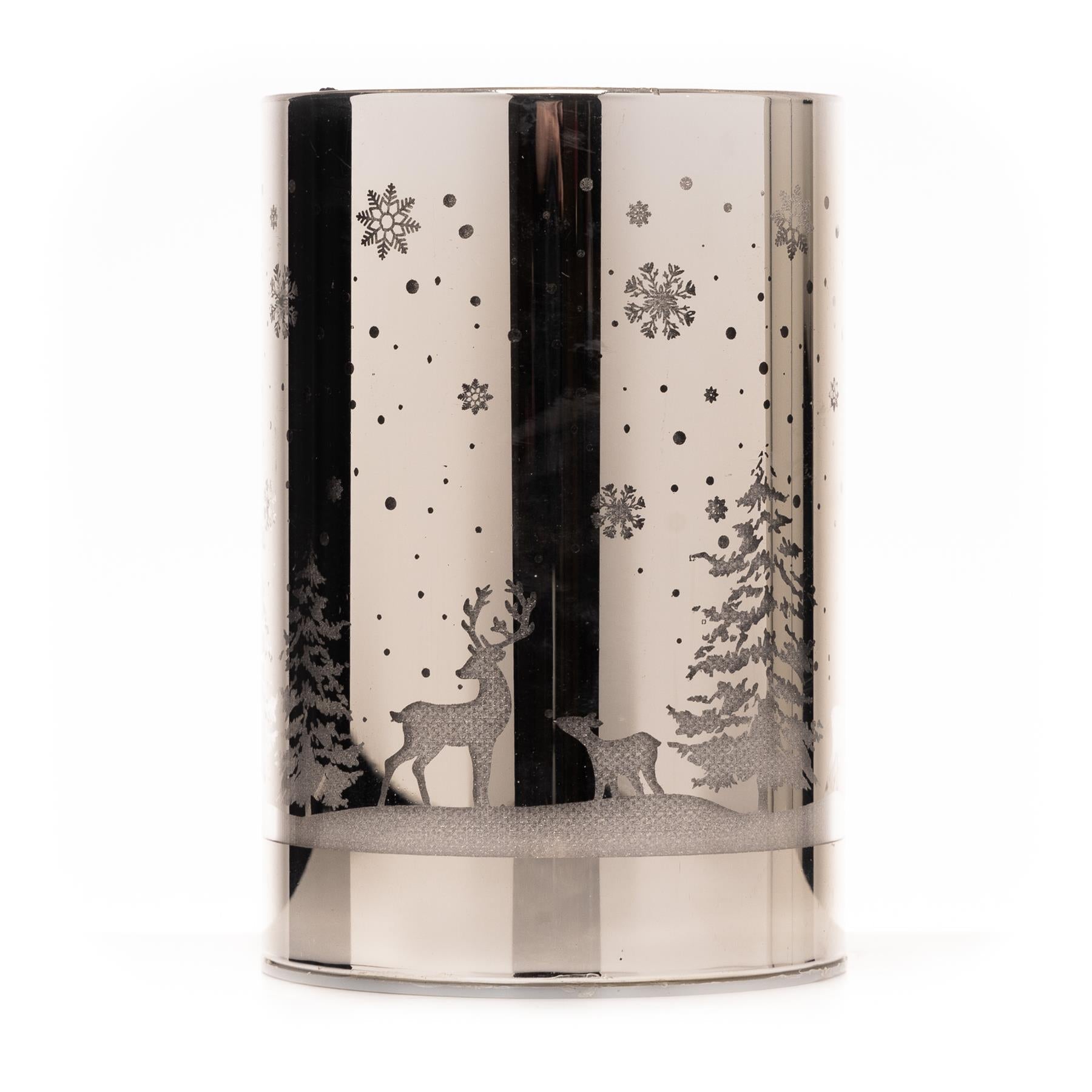 13cm Christmas Lantern Table Lamp LED Vase Forest Scene Silver Decorate Cylinder