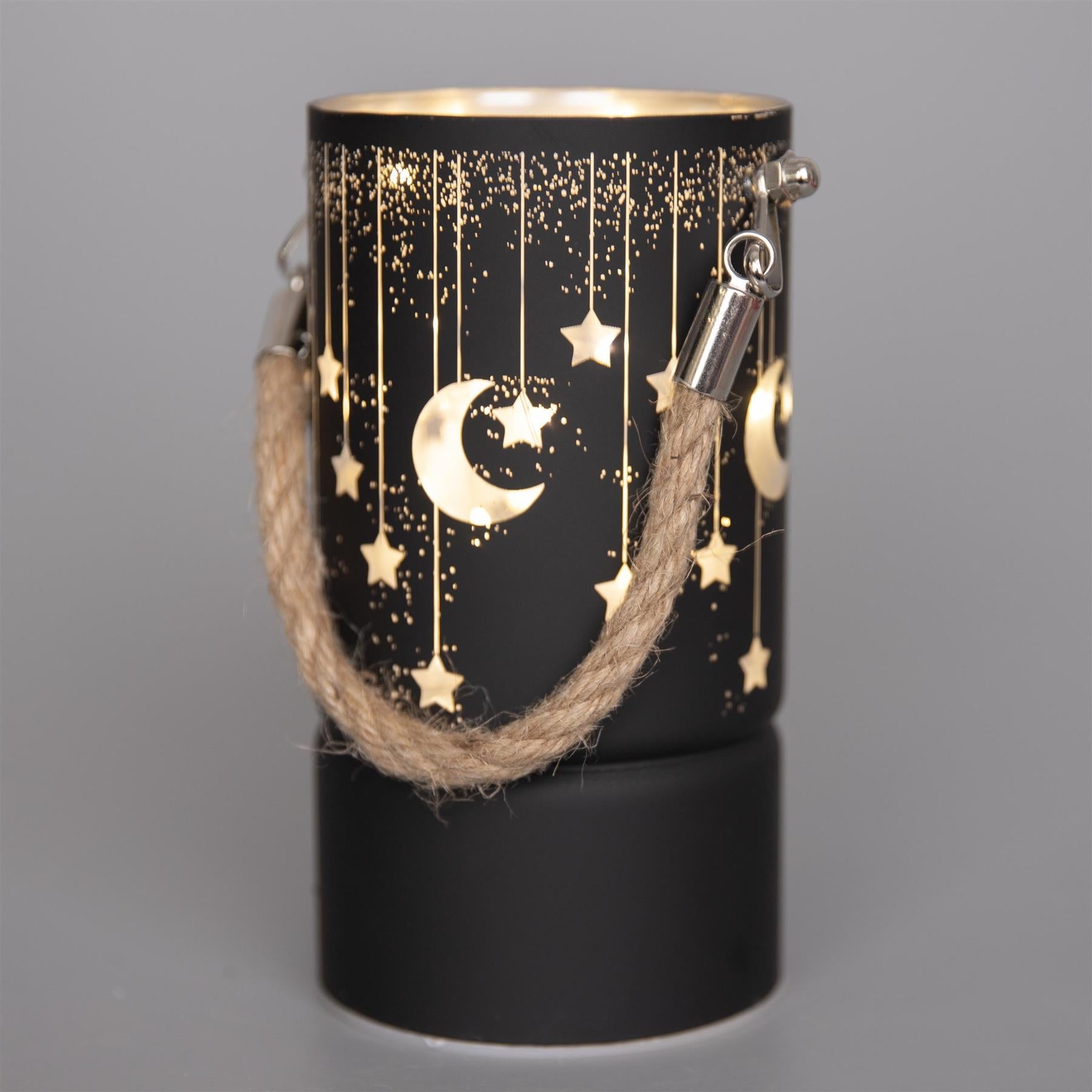 Christmas Decorated Jar Led Black Glass Vase Moon Stars 17cm Home Table Decor