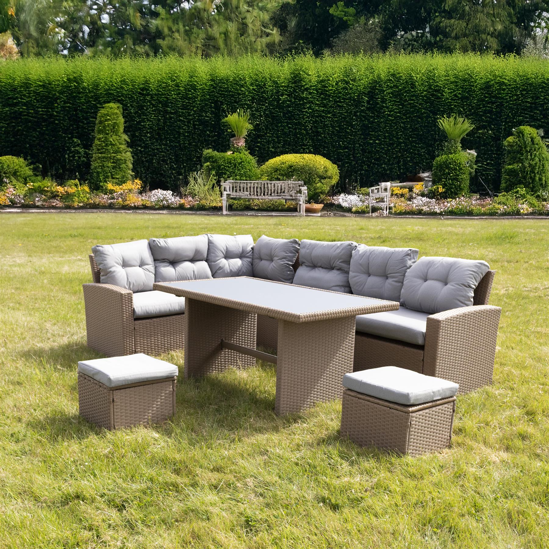 8 Seater Rattan Garden Furniture Corner Sofa Set with Coffee Table, 2pcs Stools, Cushions