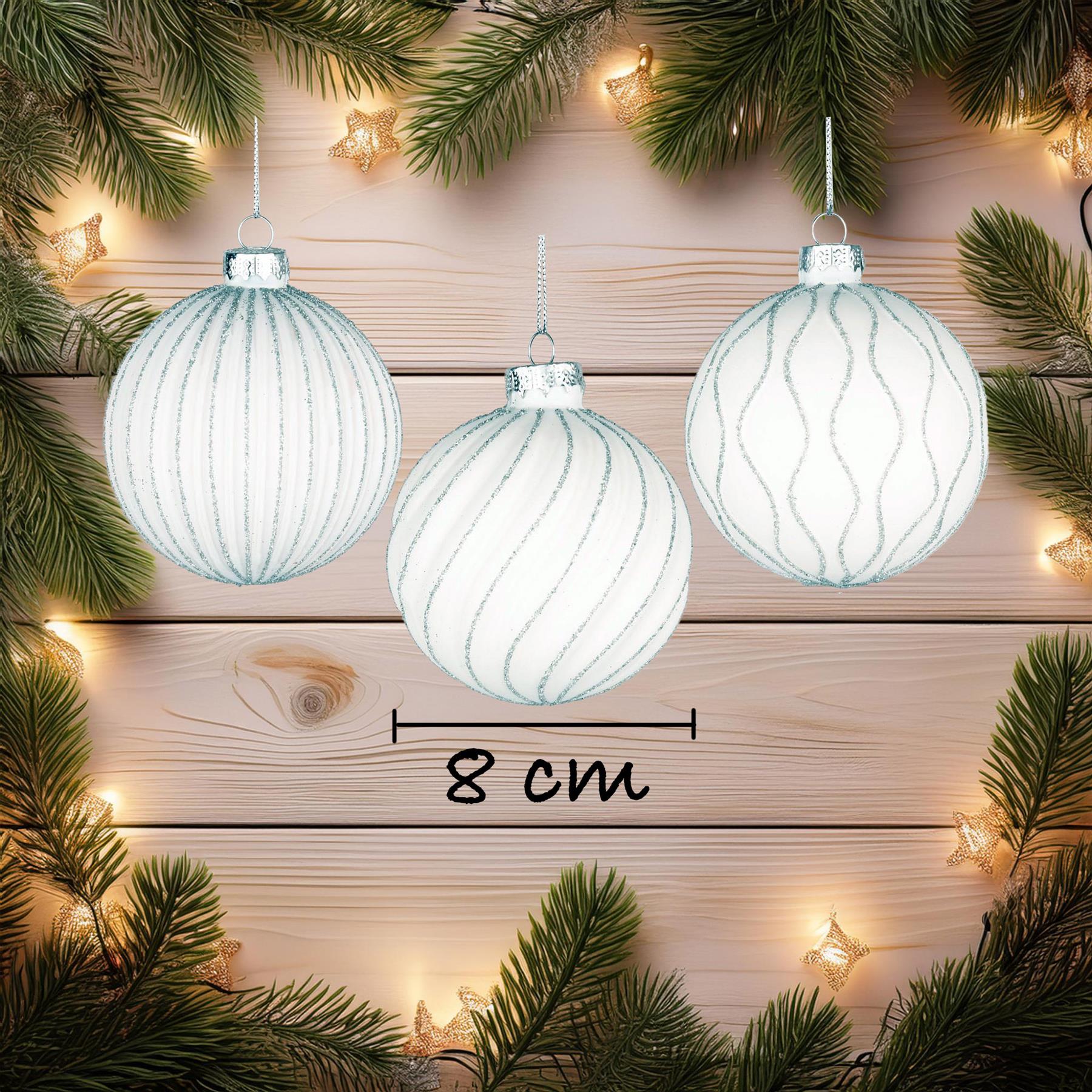 Glass Baubles 12Pcs Set - White 6 Assorted Design 8Cm