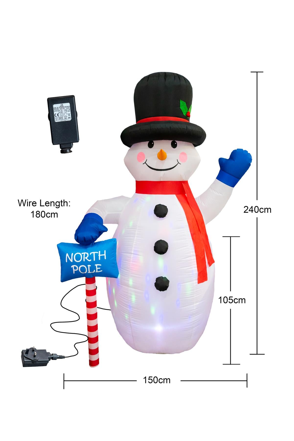 Pre Lit Mains Powered Auto Inflatable North Pole Snowman With 4 Multi Led Lights 2.4M