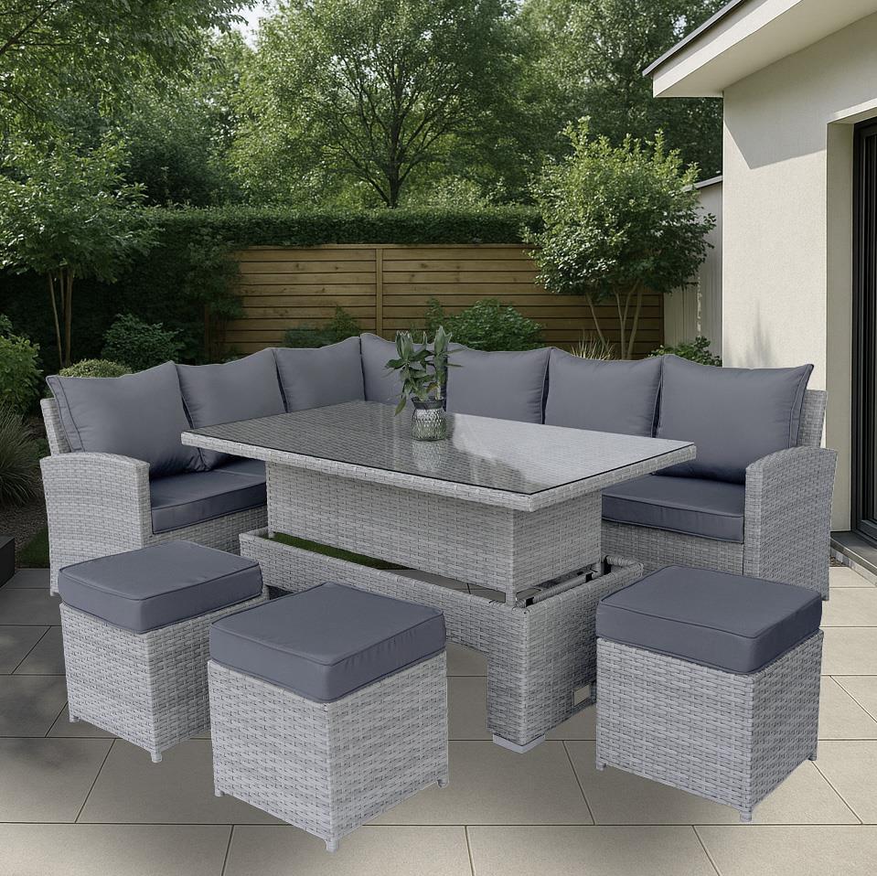 8 Seater Rattan Garden Furniture Corner Sofa Set with Rising Coffee Table, 3pcs Stools, Cushions - Grey