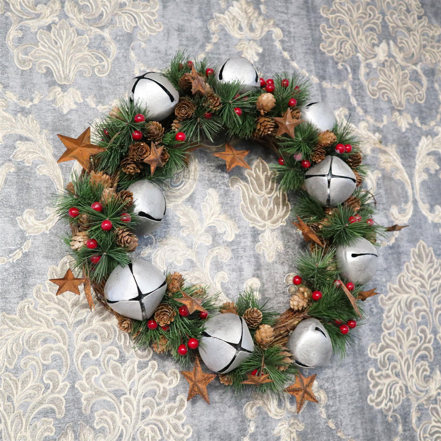 Artificial Christmas wreath Silver bells Berries Home Wall Door XMAS Decorations