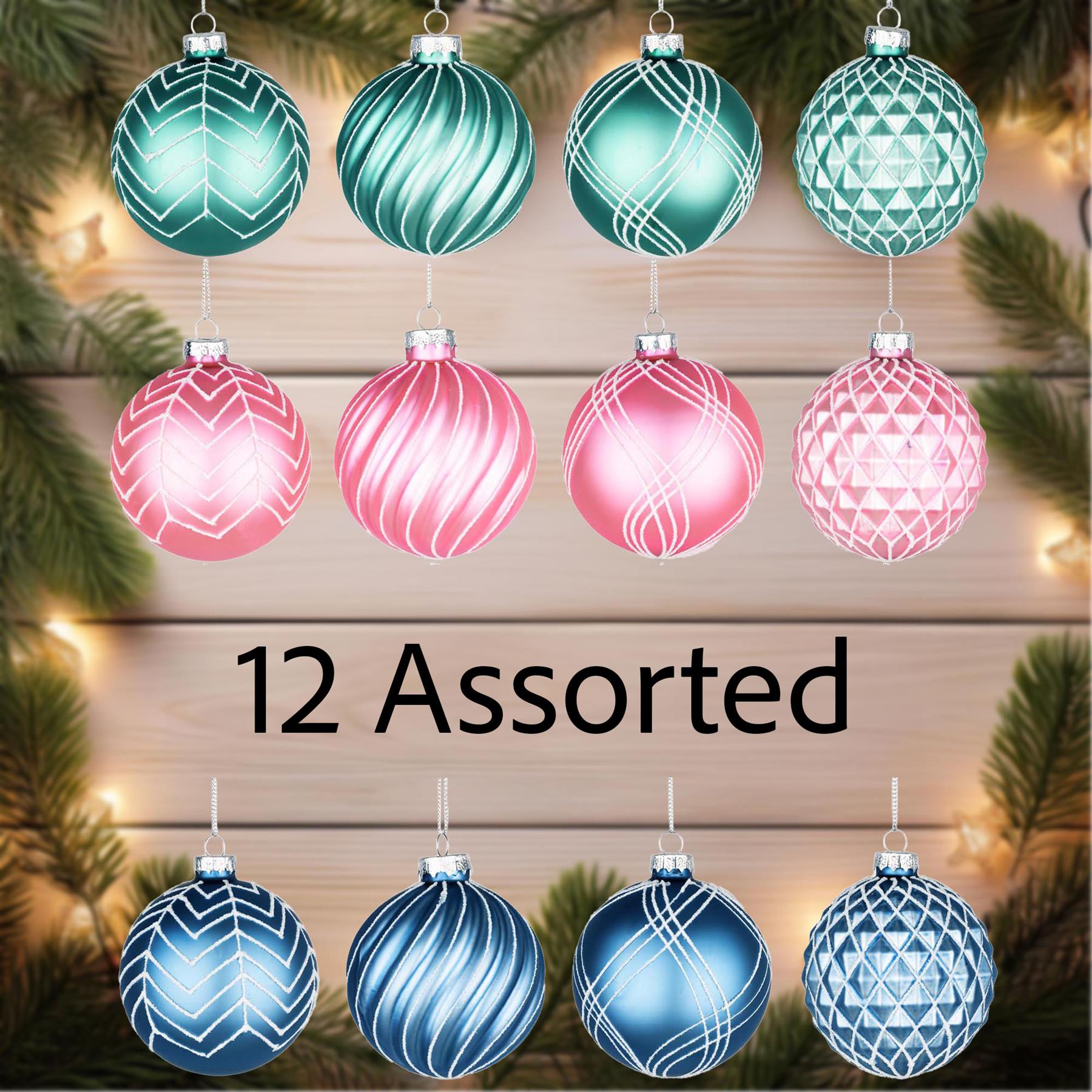 Glass Baubles 12Pcs Set - Green Pink Blue 12 Assorted Design 8Cm