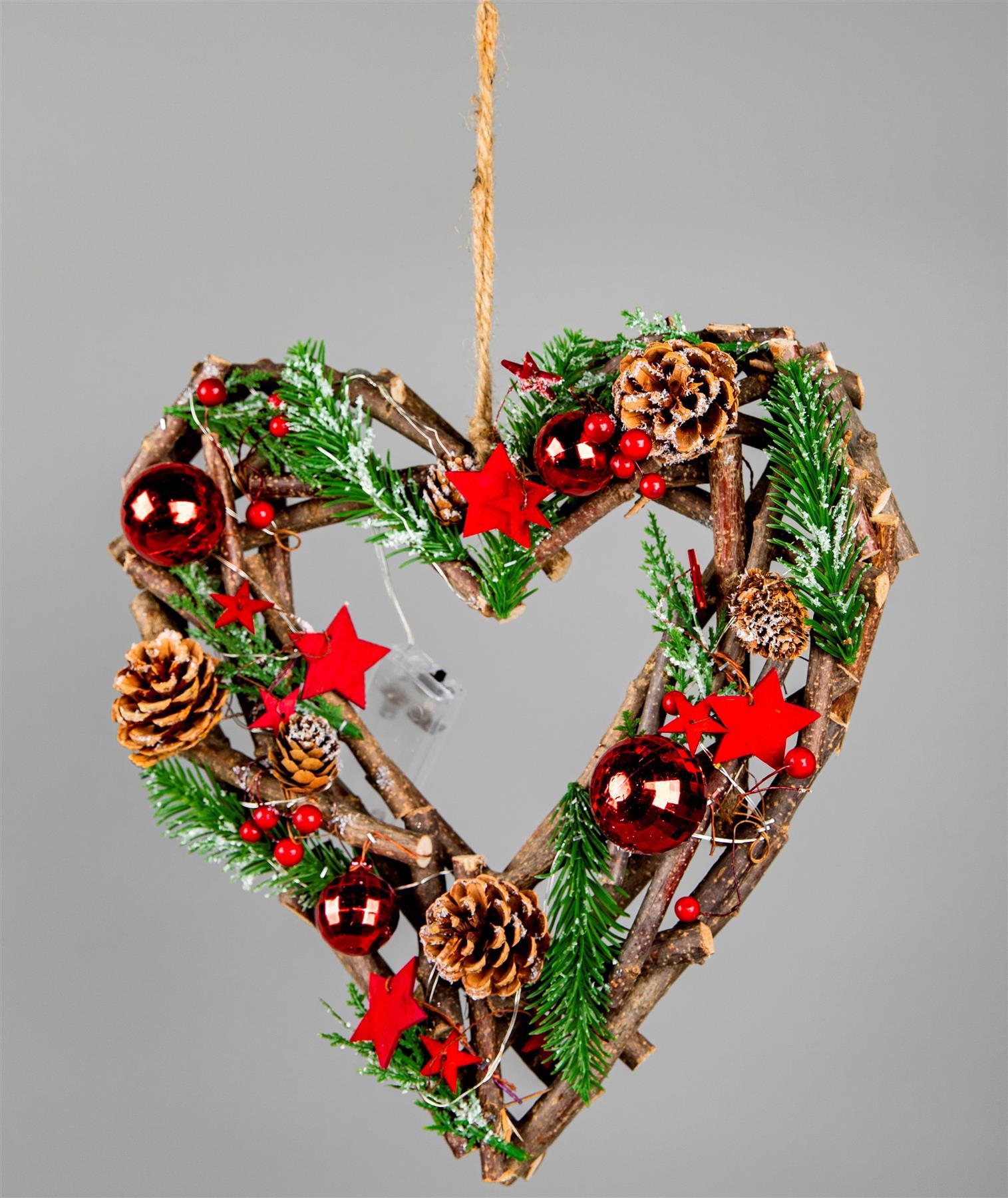 30Cm B/O Led Twig Hanging Heart Red