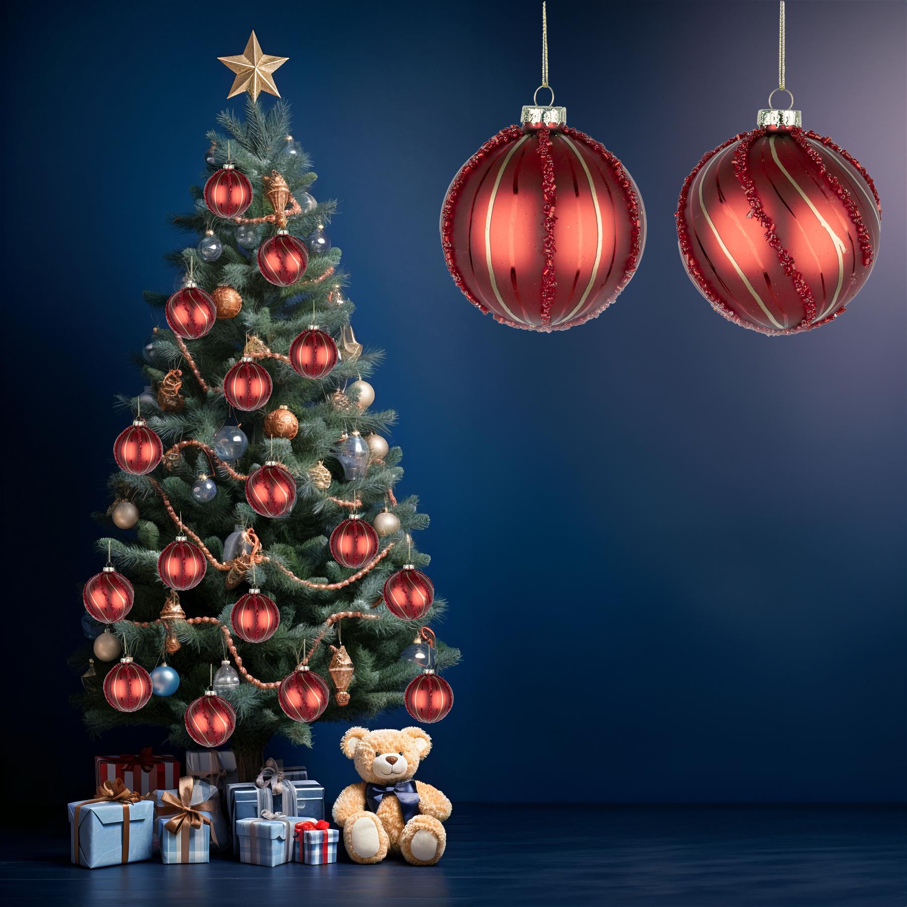 Glass Baubles 12Pcs Set - Red 2 Assorted Design 8Cm