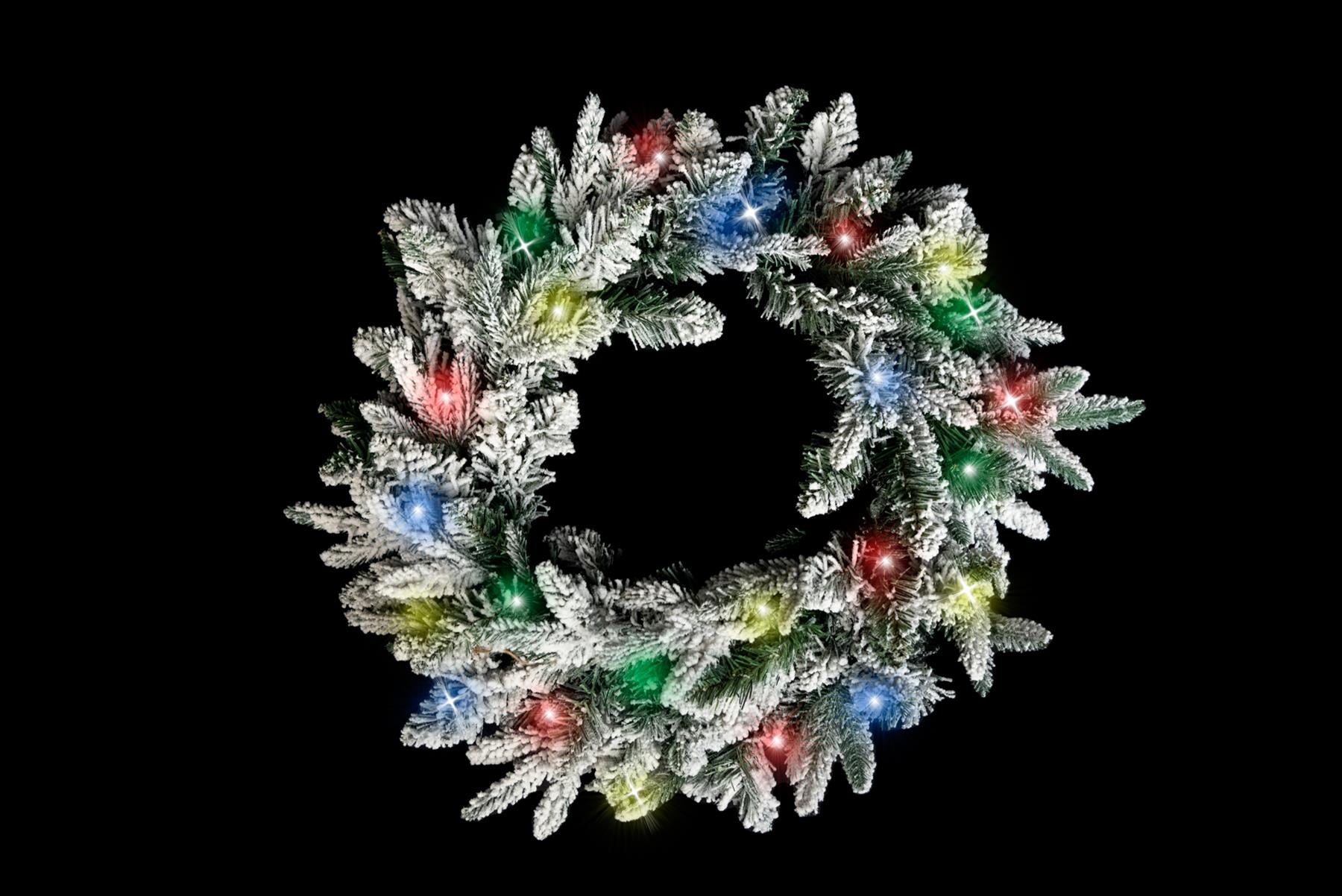 Pre-Lit Multicolour Leds Lapland Fir Snow Flocked Wreath 55Cm