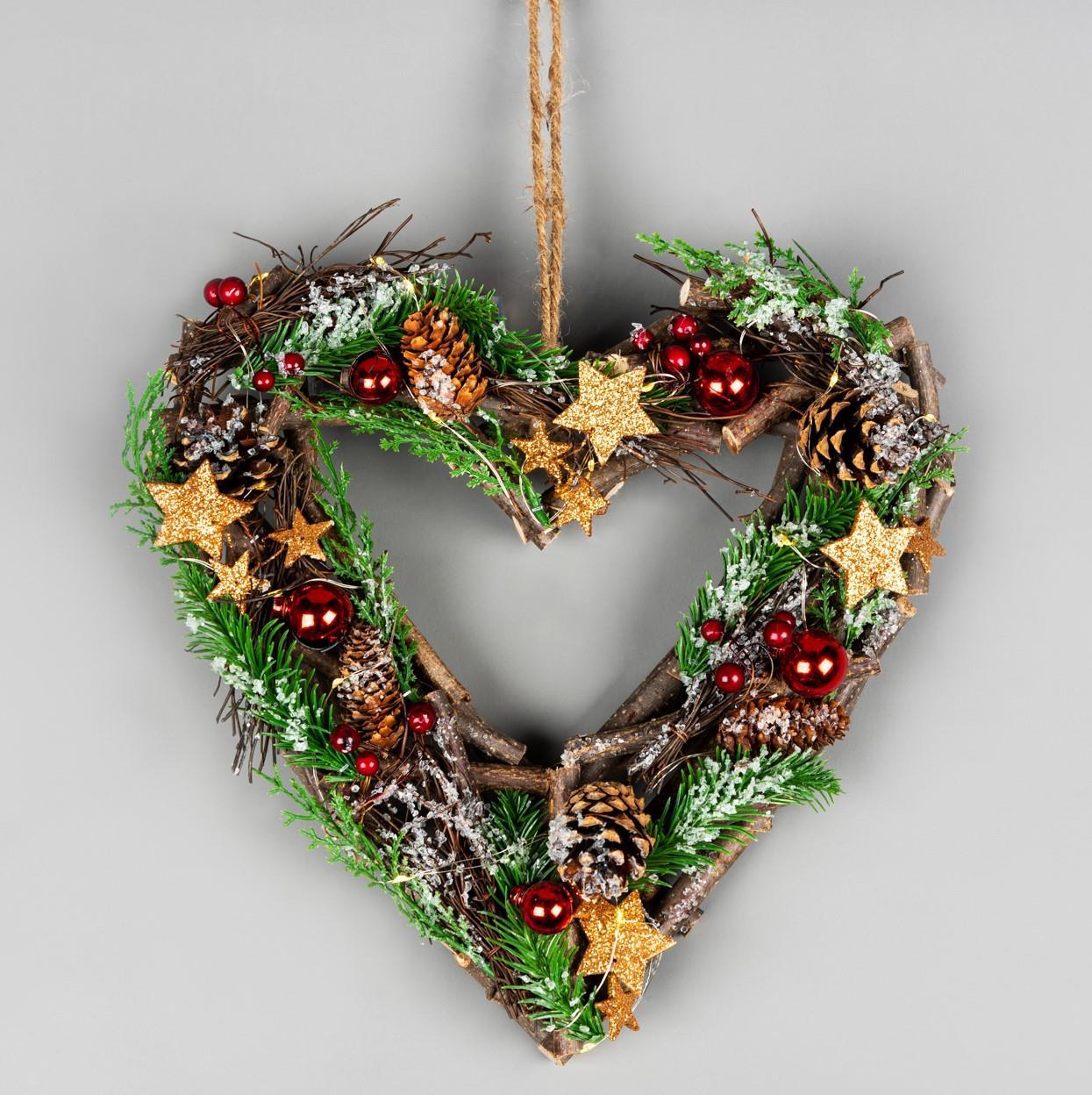 30Cm B/O Led Twig Hanging Heart Red/Brown
