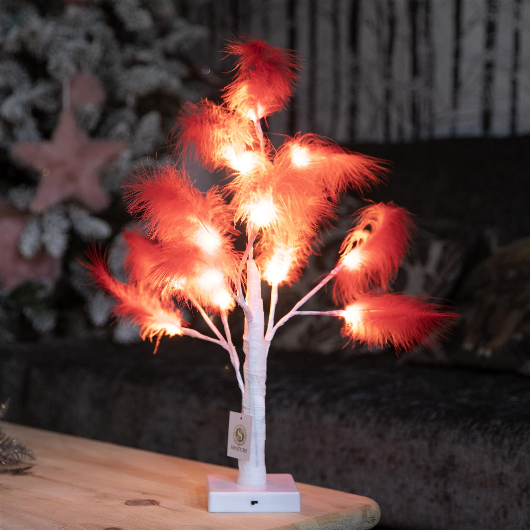 55cm Pampas Red Feather Tree Pre-Lit Table Lamp B/O LED Christmas Decor 2PCS