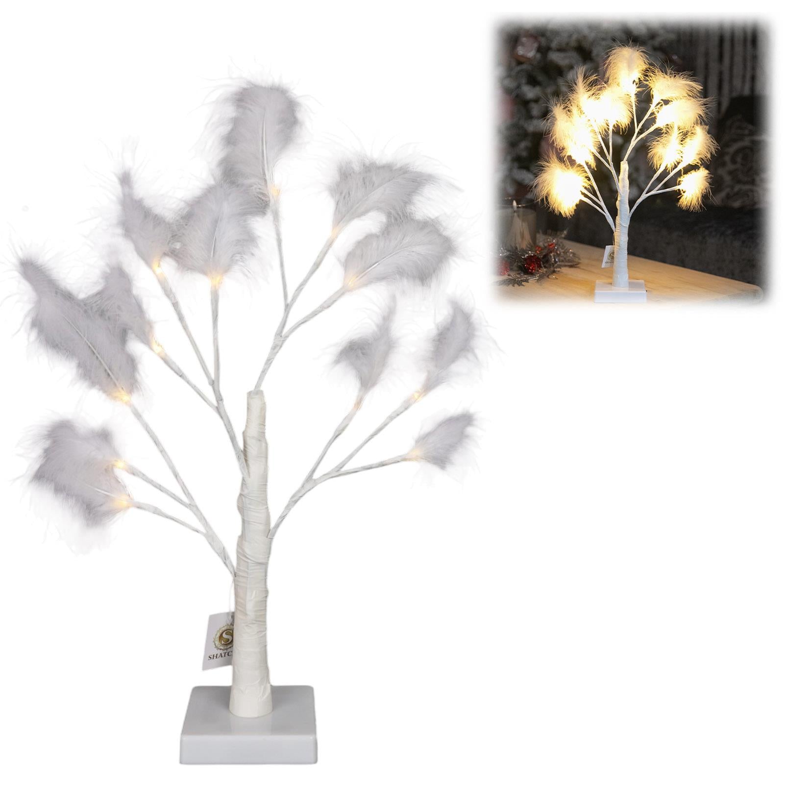 55cm Pampas White Feather Tree Pre-Lit Table Lamp B/O LED Christmas Decor 2PCS