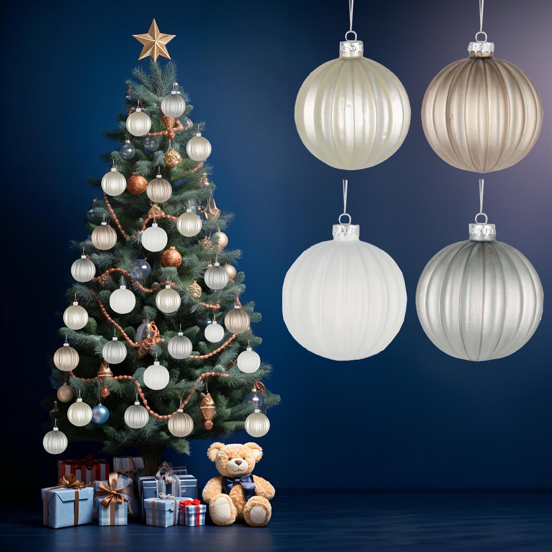 Glass Baubles 12Pcs Set - Pearlchampagne,White,Silver 4 Assorted Design 8Cm