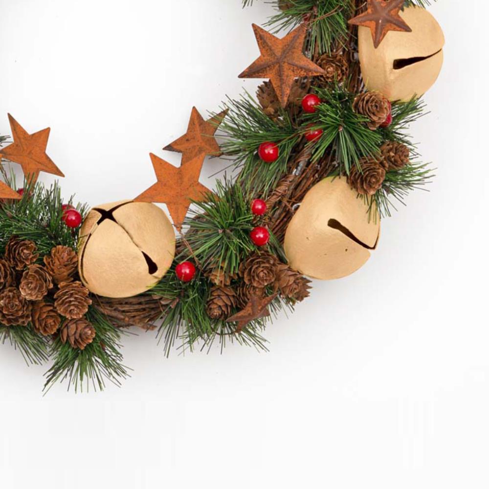 Jingle Bell Wreath With Cream Bells Stars Pinecones And Red Berries 40Cm