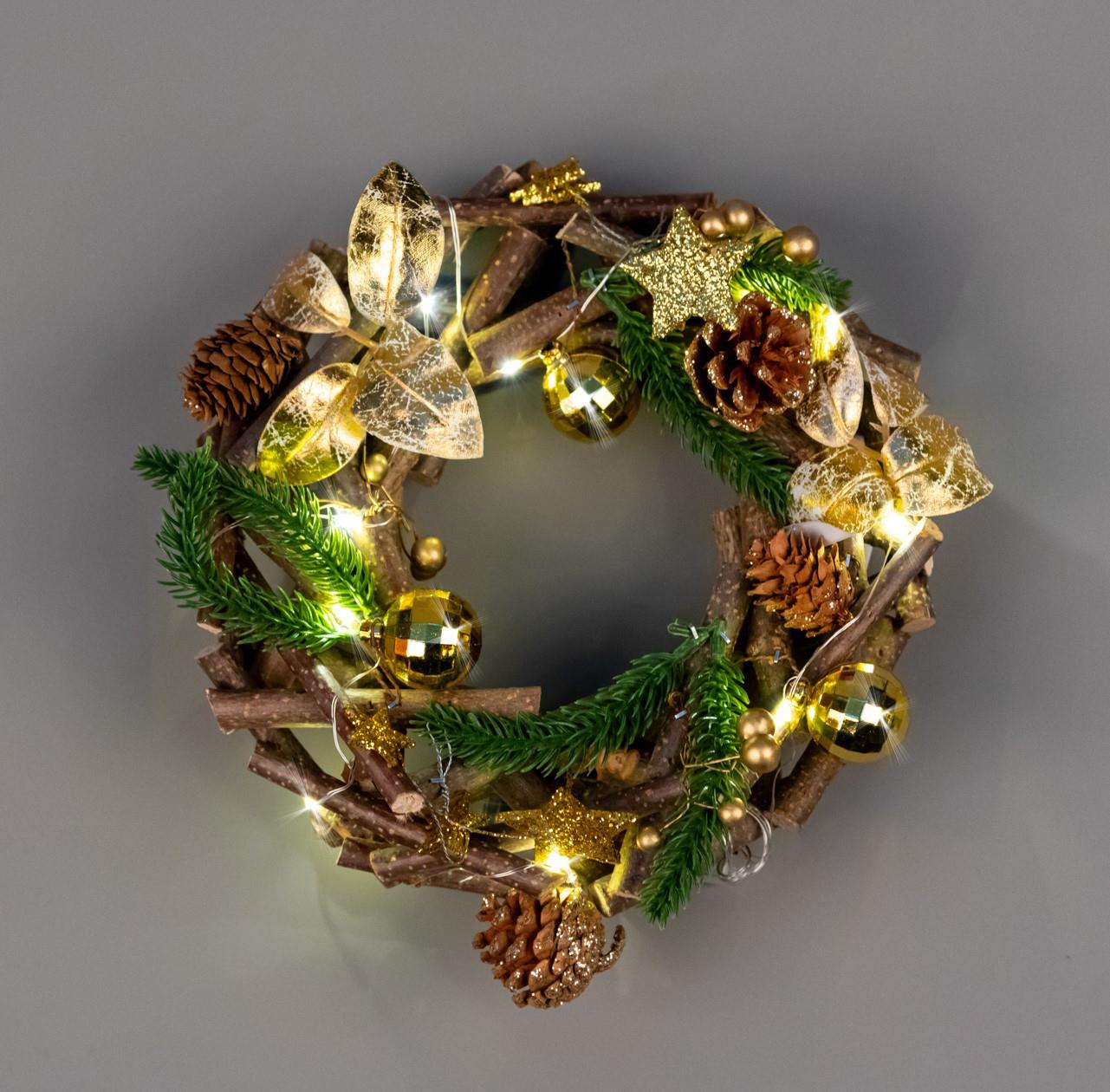 22Cm B/O Led Twig Wreath Gold