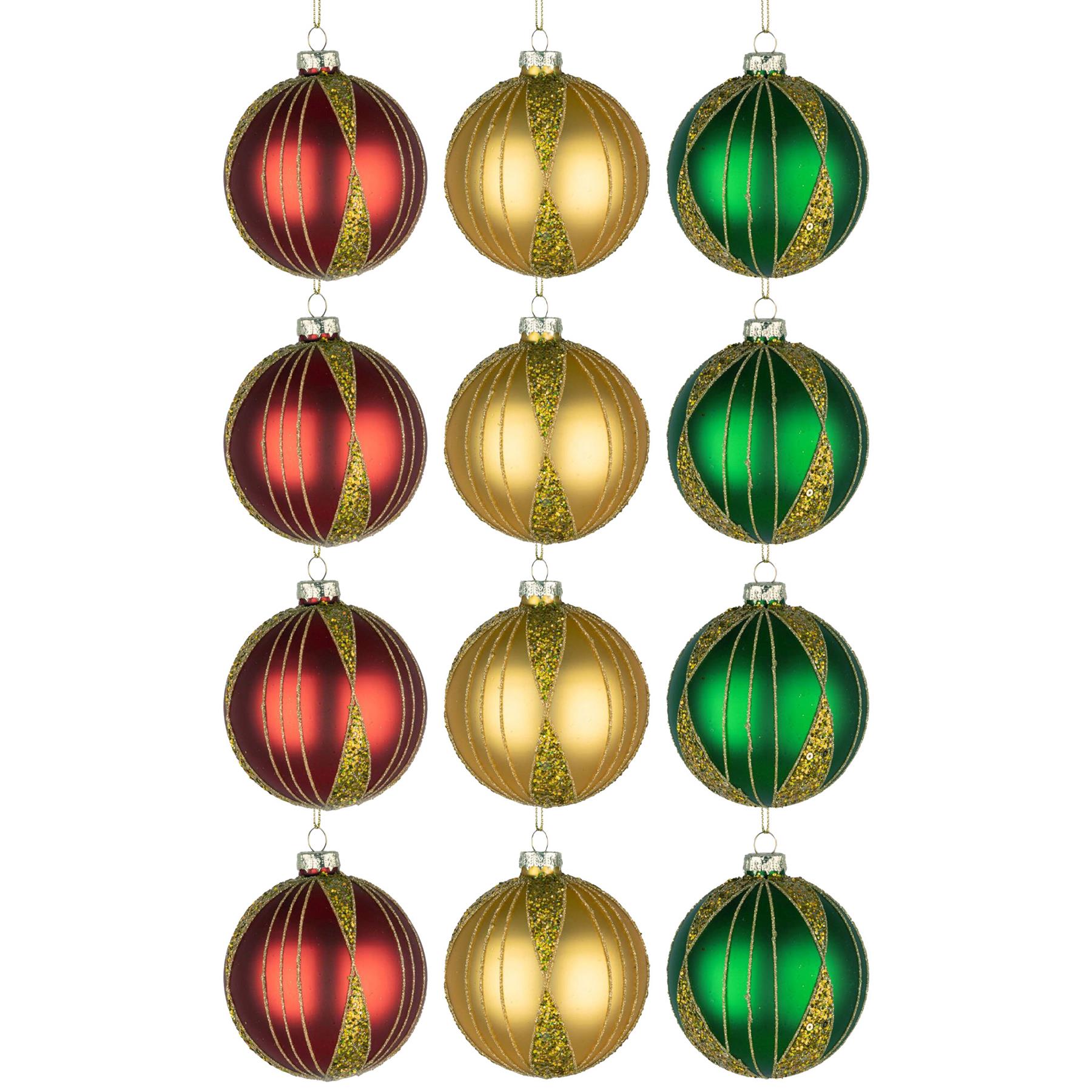 Glass Baubles 12Pcs Set - Red,Gold,Green 3 Assorted Design 8Cm