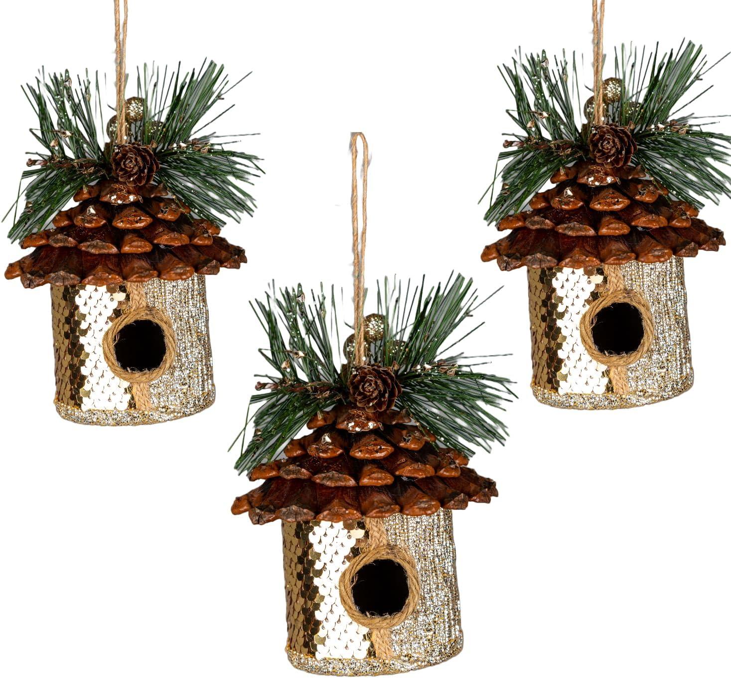 Gold Birdhouse 10X11Cm - 3Pcs Christmas Hanging Decorations