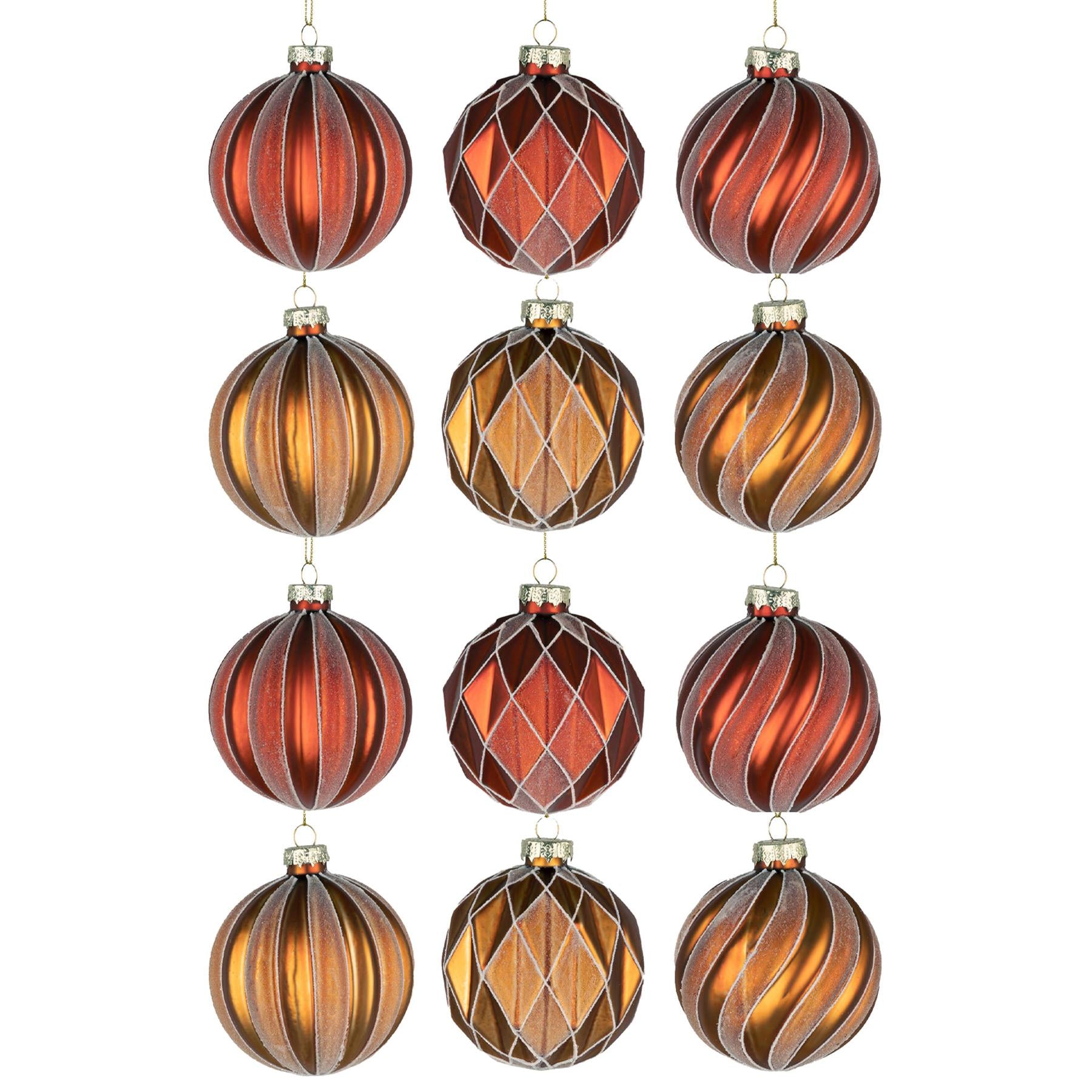 Glass Baubles 12Pcs Set - Red,Amber 6 Assorted Design 8Cm