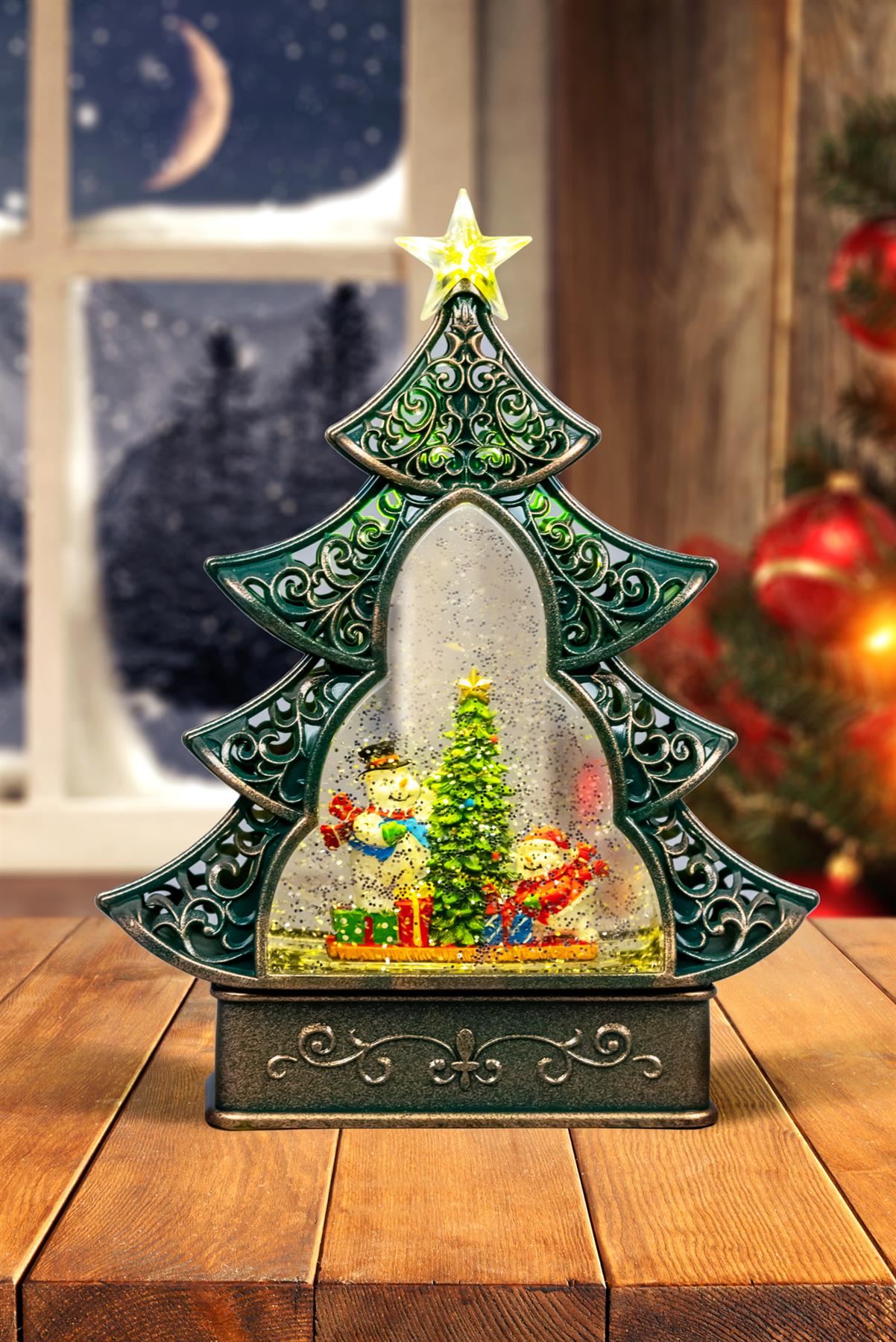 Christmas Tree Light Up Nativity Water Snow Globe