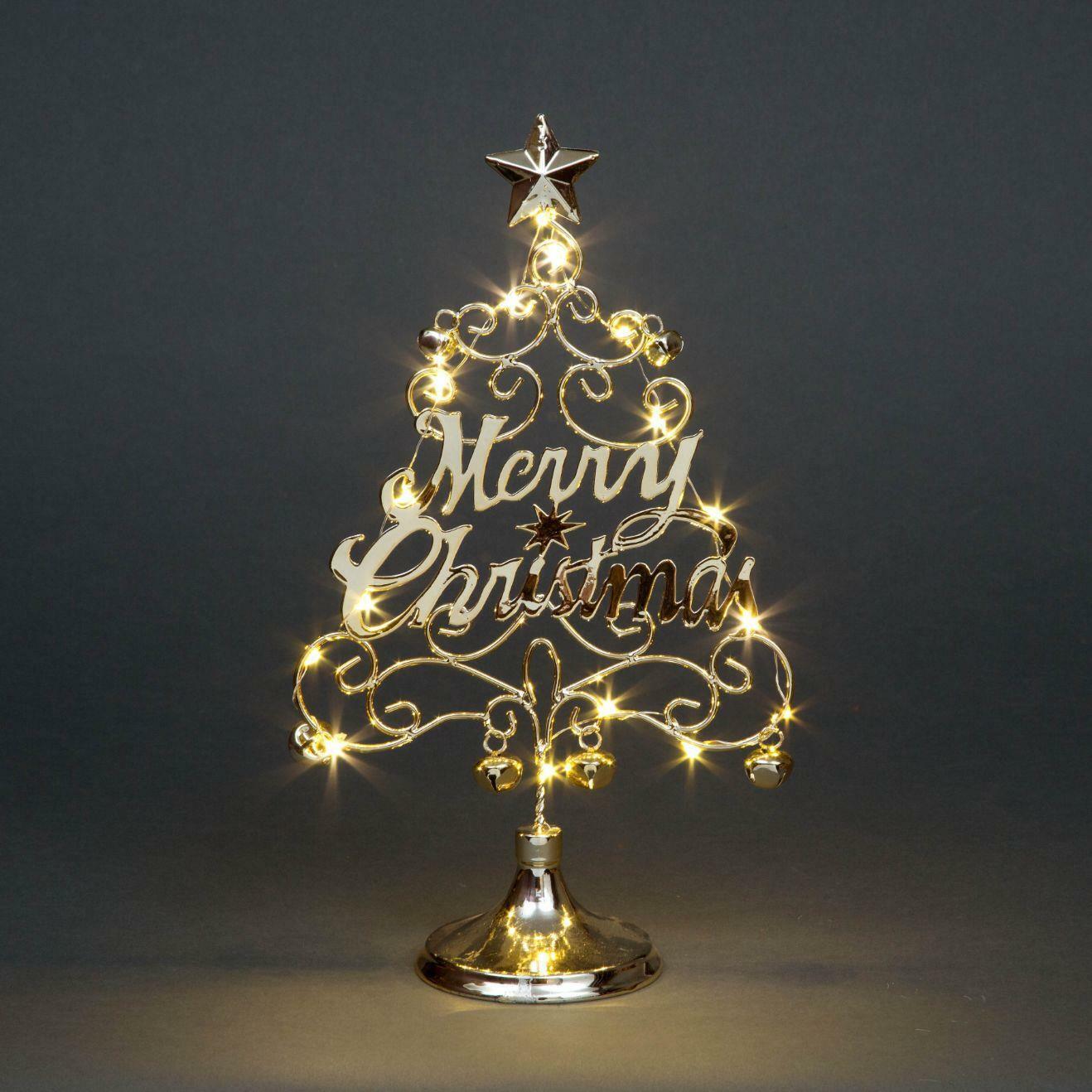 17.5 Inch Pre-Lit Led Merry Christmas Christmas Tree Table Top Xmas Decoration With Bells Silver