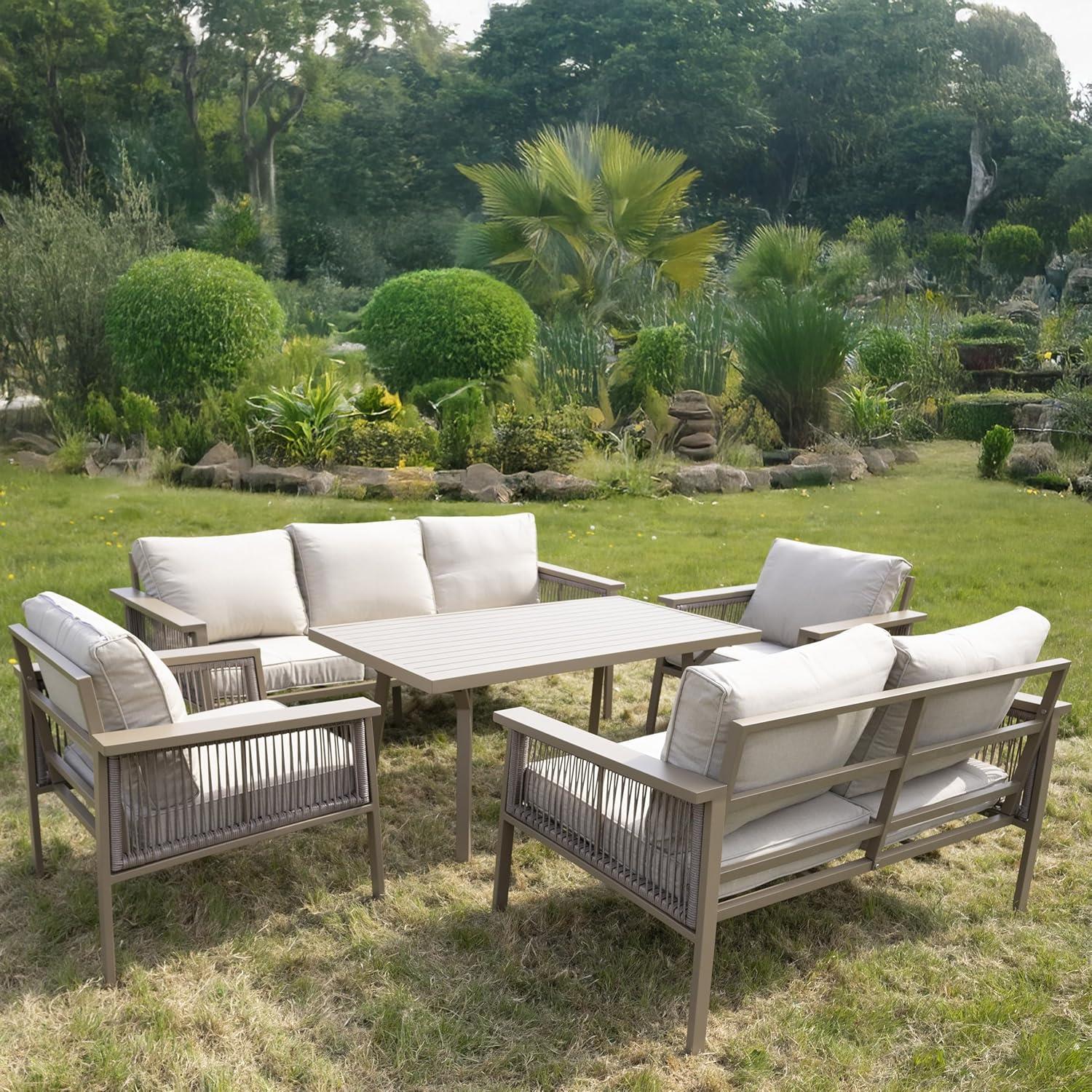 7 Seater Outdoor Garden Sofa Set - Aluminium 5Pcs Garden Furniture Set