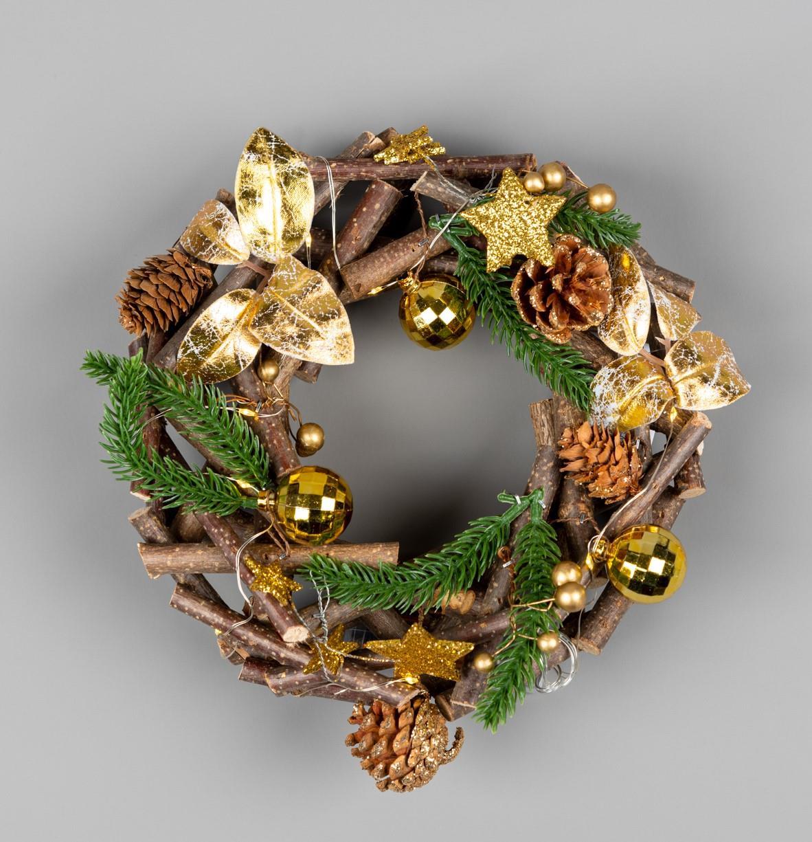 22Cm B/O Led Twig Wreath Gold