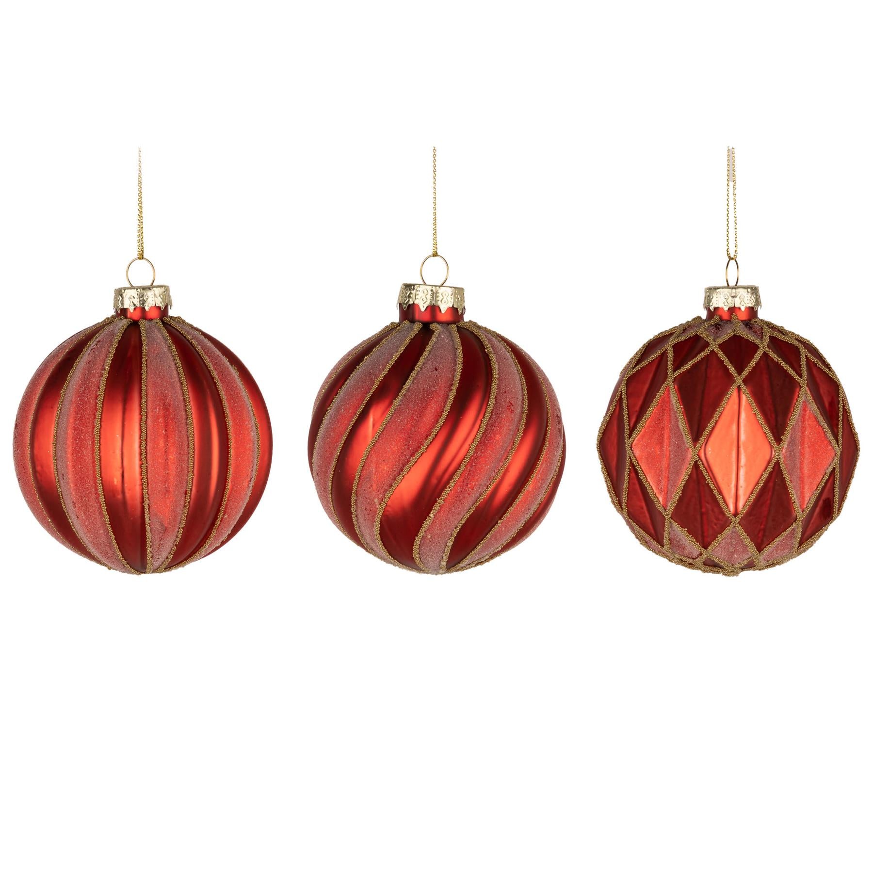 8Cm Glass Baubles 12Pcs Set - Red 3 Assorted Design
