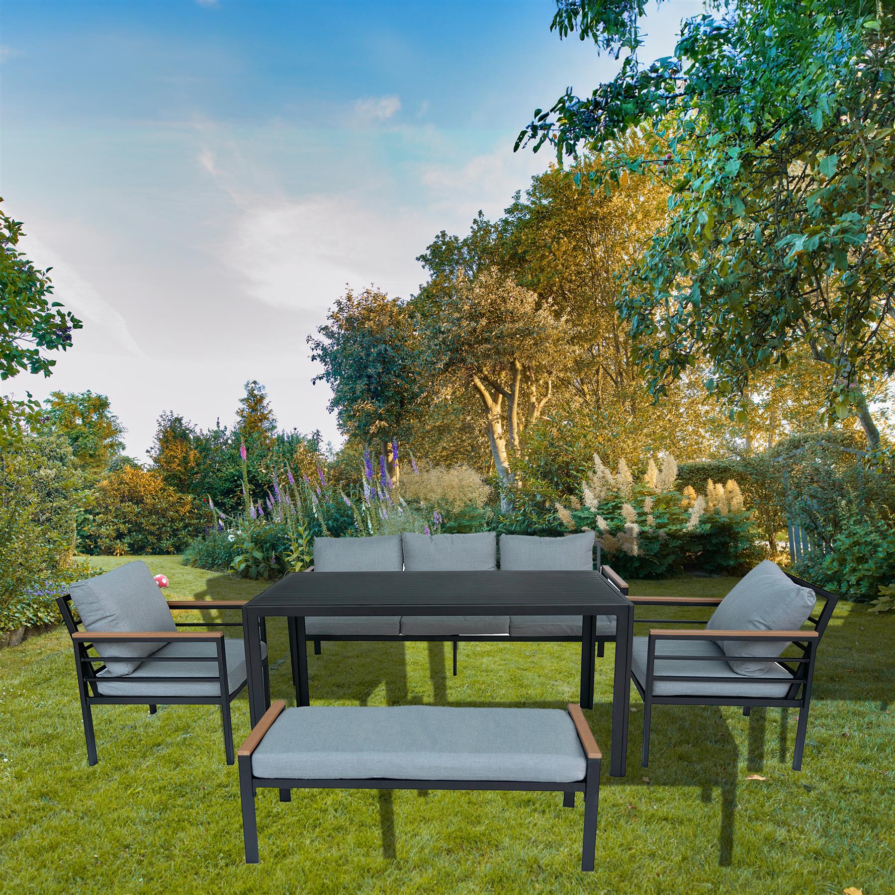 6 Seater Outdoor Garden Sofa Set - Aluminium 5Pcs Garden Furniture Set - Black