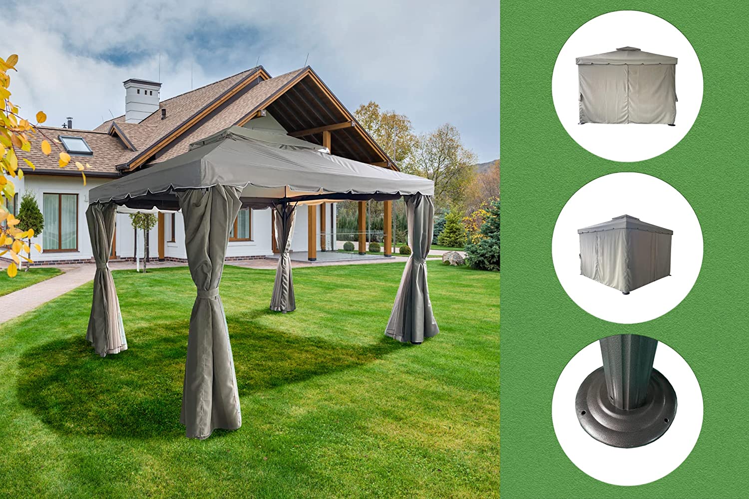 3x4x2.75m Khaki Gazebo with Nets Aluminium Frame and Powder coated Steel Roof