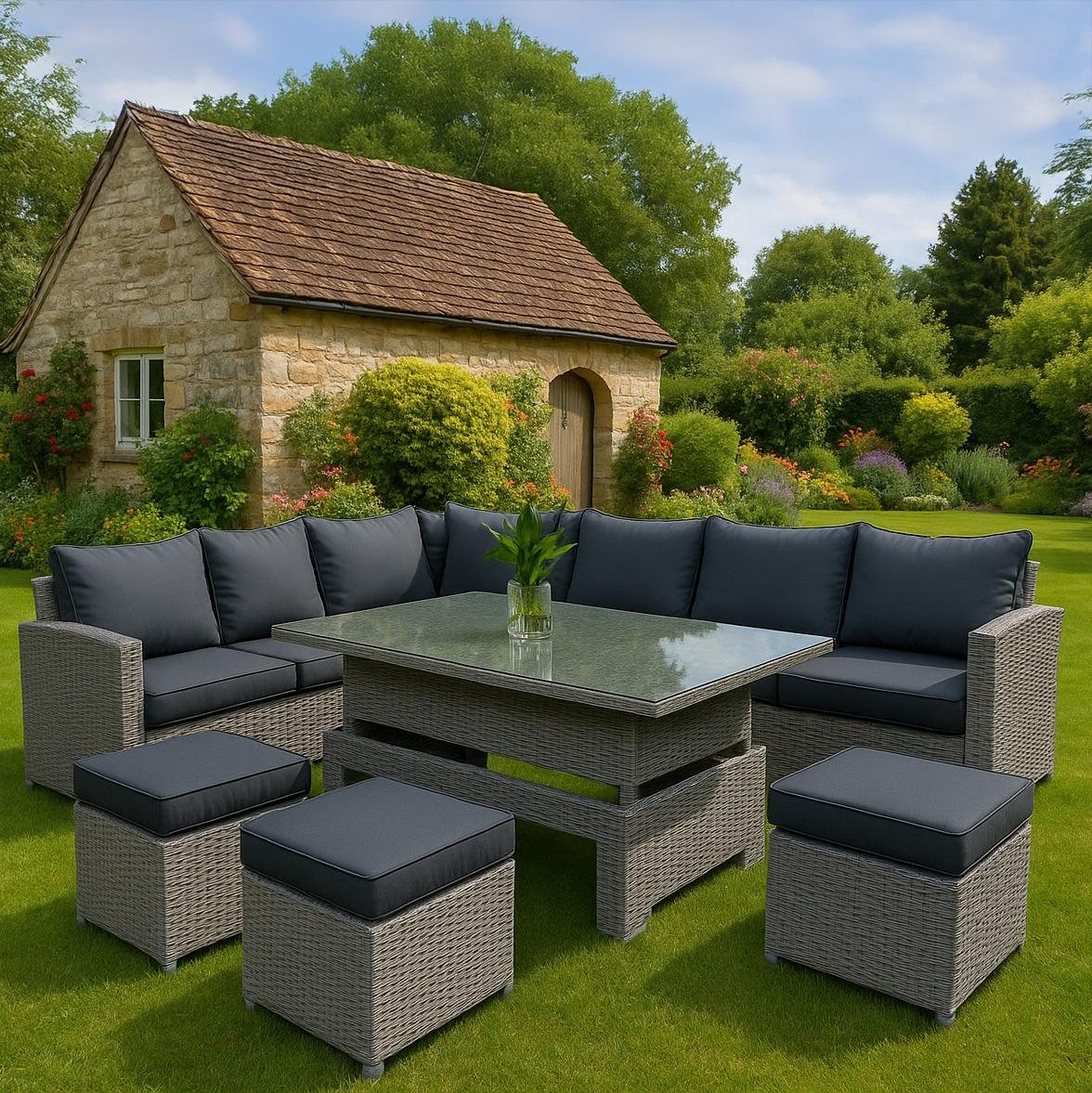8 Seater Rattan Garden Furniture Corner Sofa Set with Rising Coffee Table, 3pcs Stools, Cushions - Grey