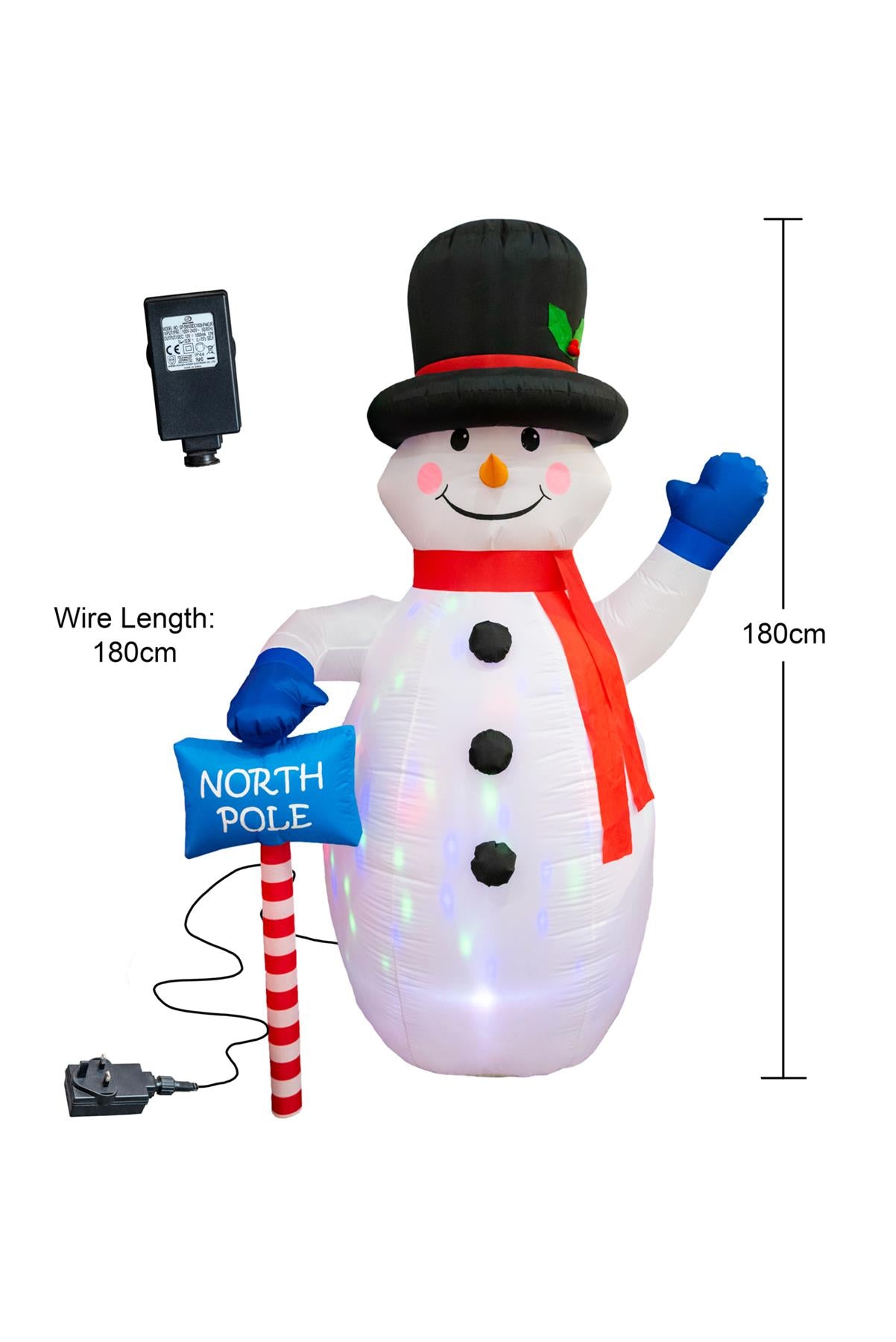 Pre Lit Mains Powered Auto Inflatable North Pole Snowman With 4 Multi Led Lights 1.8M