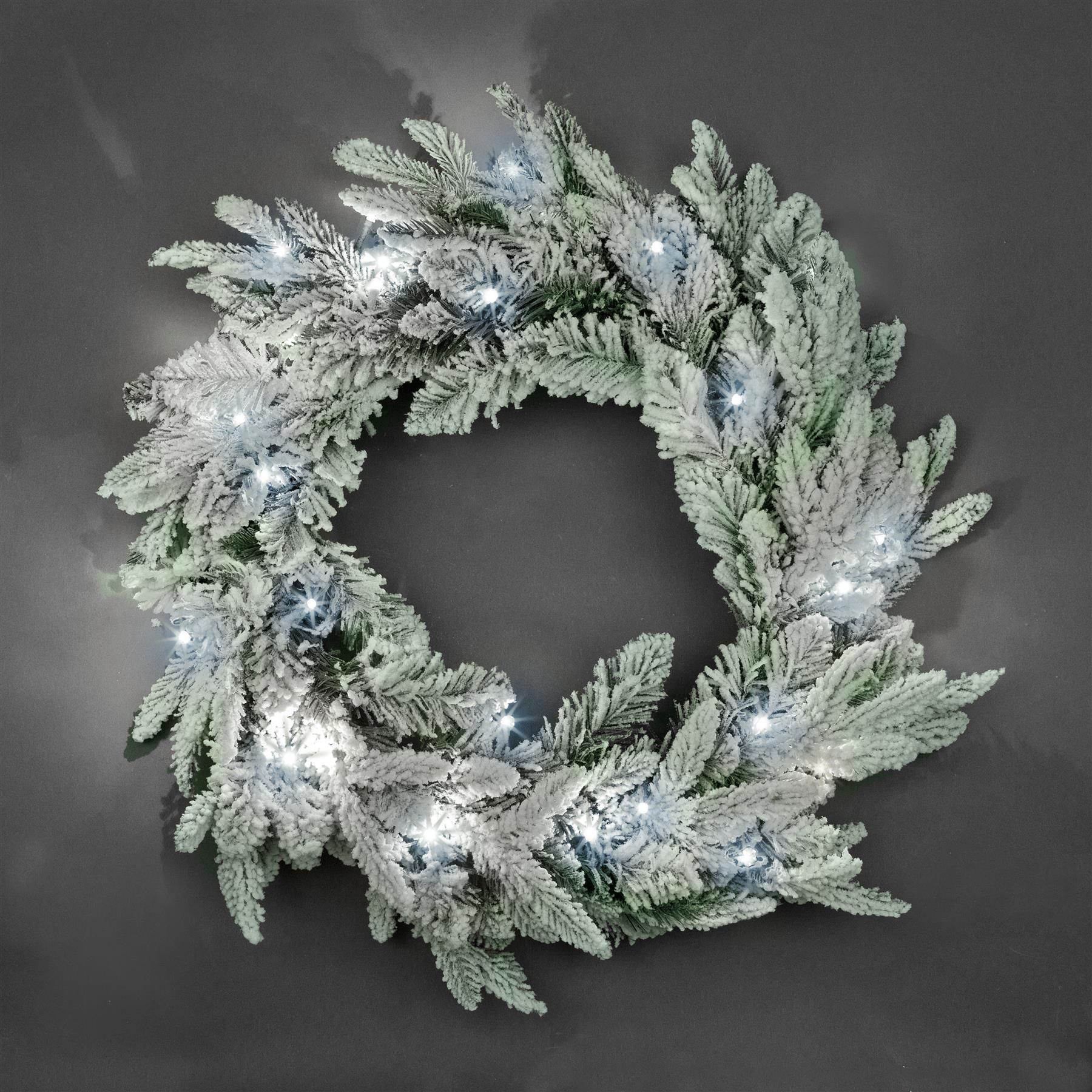 Pre-Lit White Leds Lapland Fir Snow Flocked Wreath 55Cm