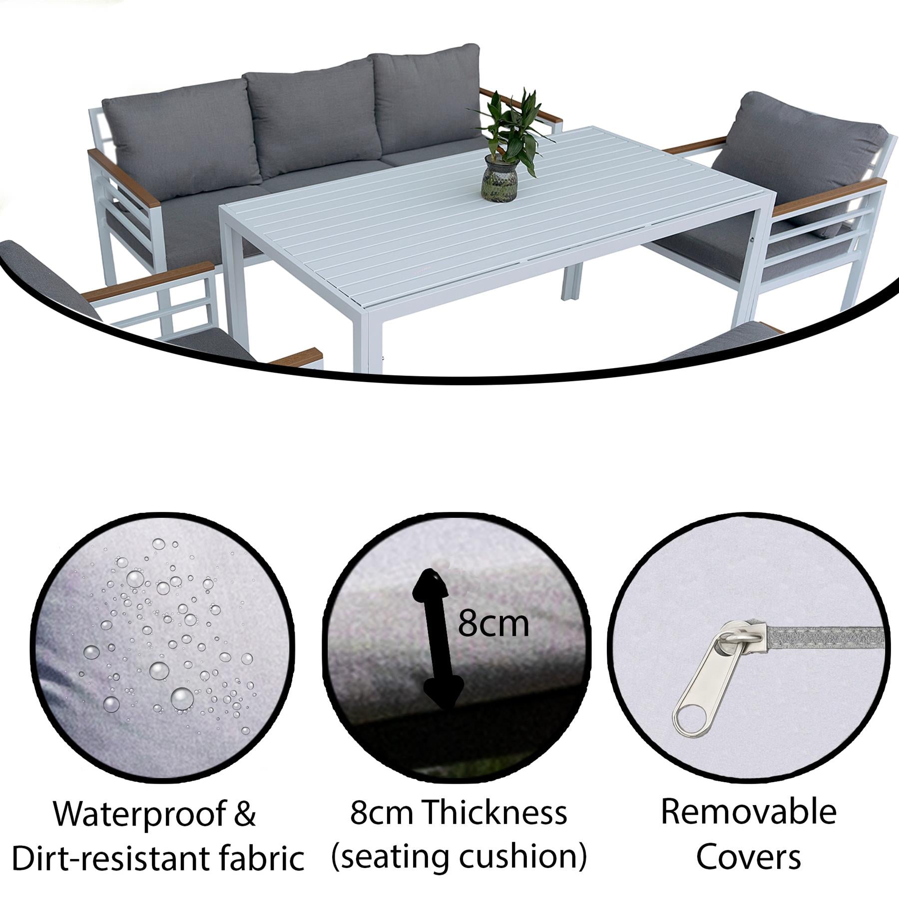 6 Seater Outdoor Garden Sofa Set - Aluminium 5Pcs Garden Furniture Set - White