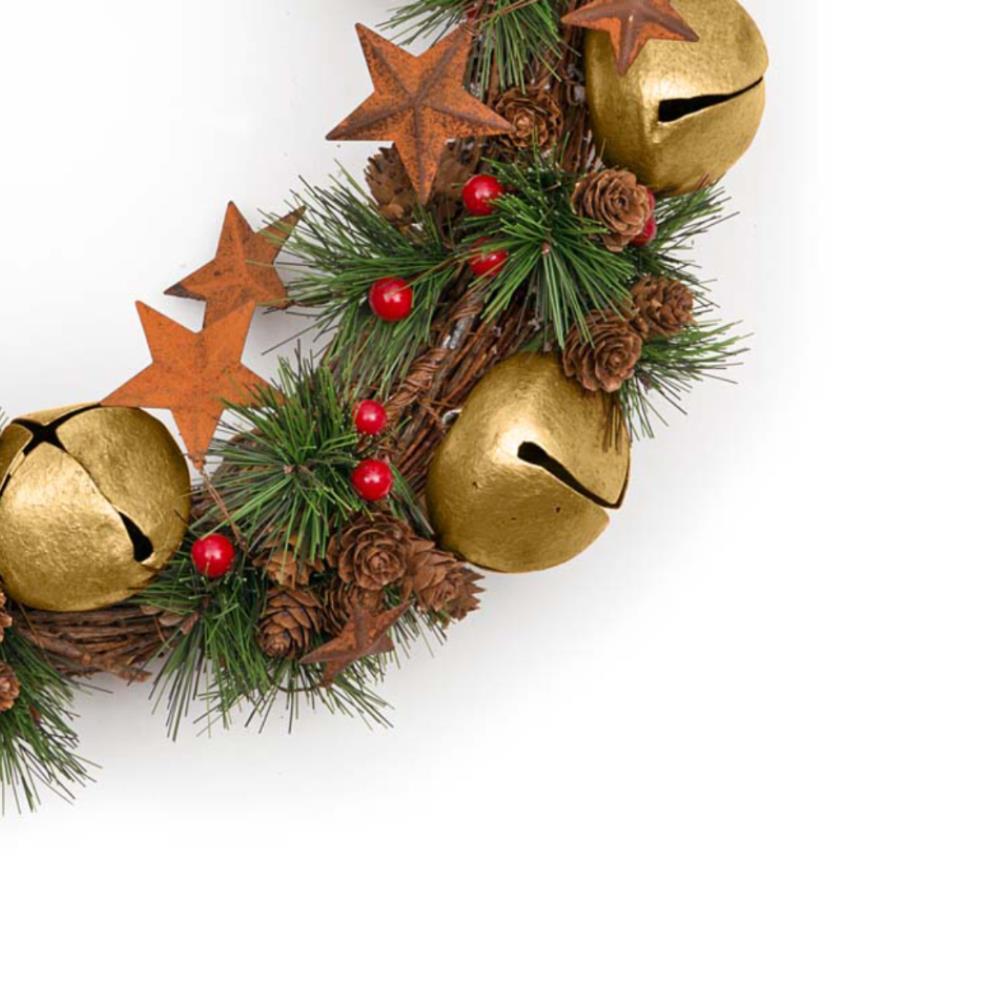Jingle Bell Wreath With Gold Bells Stars Pinecones And Red Berries 40Cm