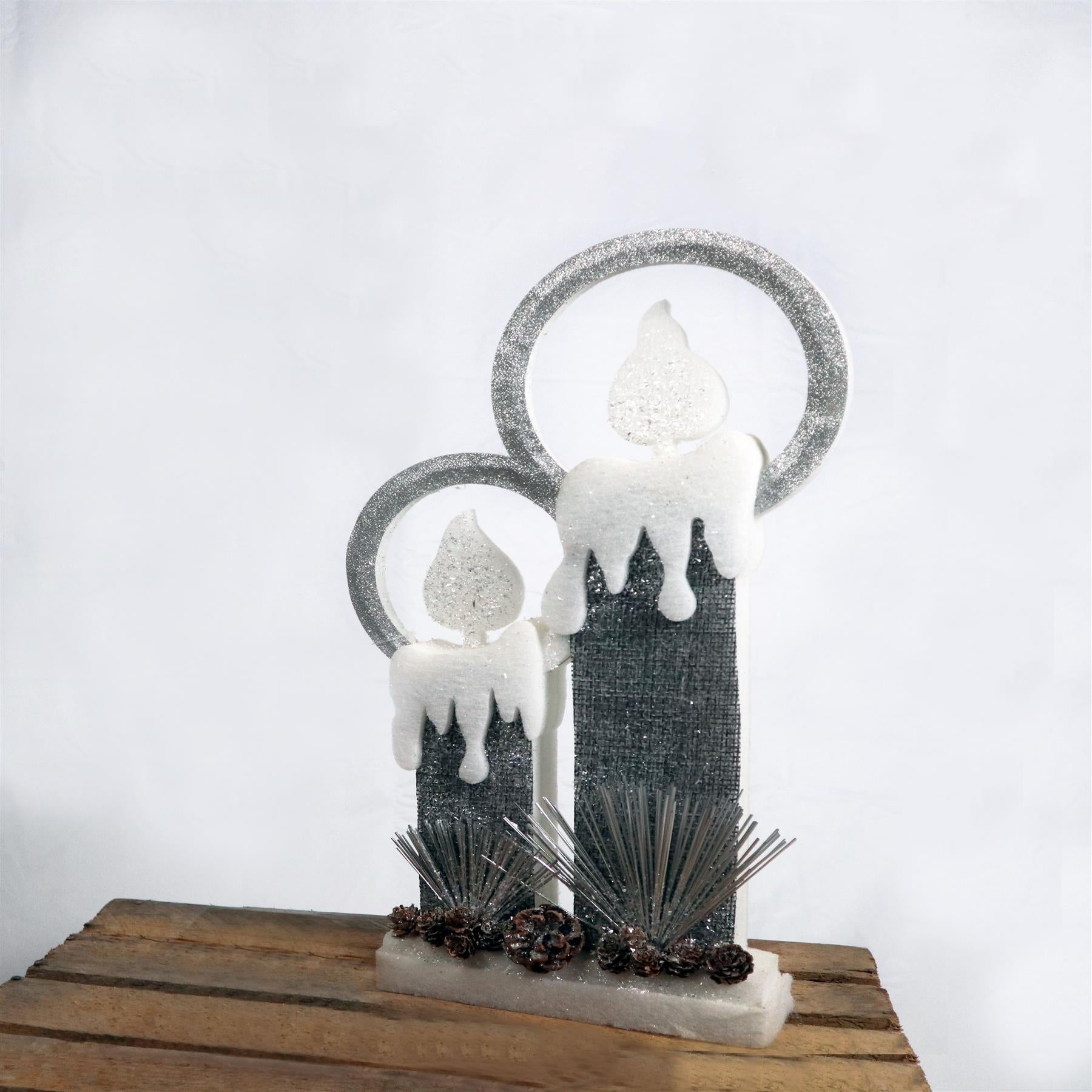 B/O Led Silver Foam Twin Candle-41Cm, 2 Leds