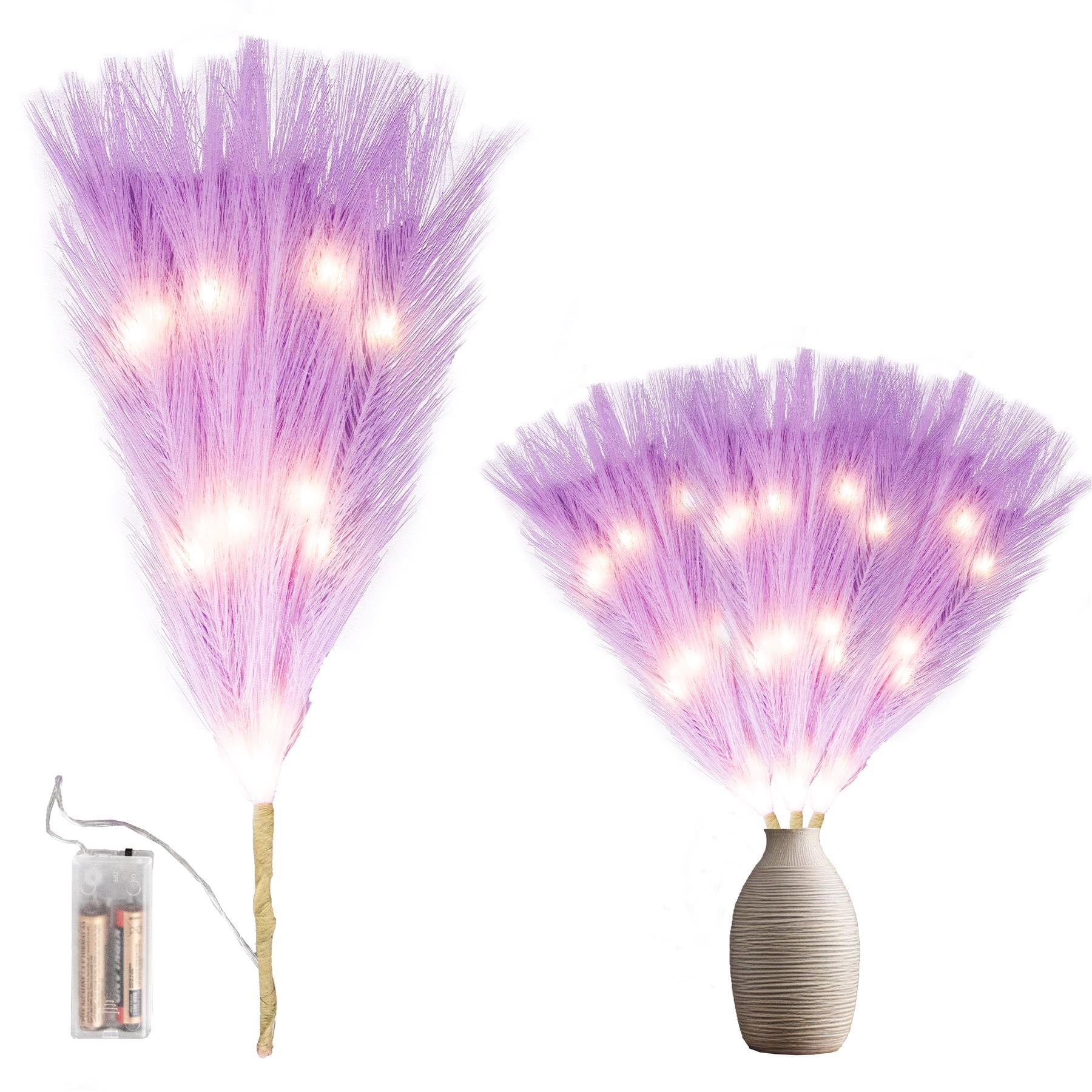1PC Pampas Grass Stems Feather Christmas Table Decor Pre-Lit LED B/O Purple 45cm