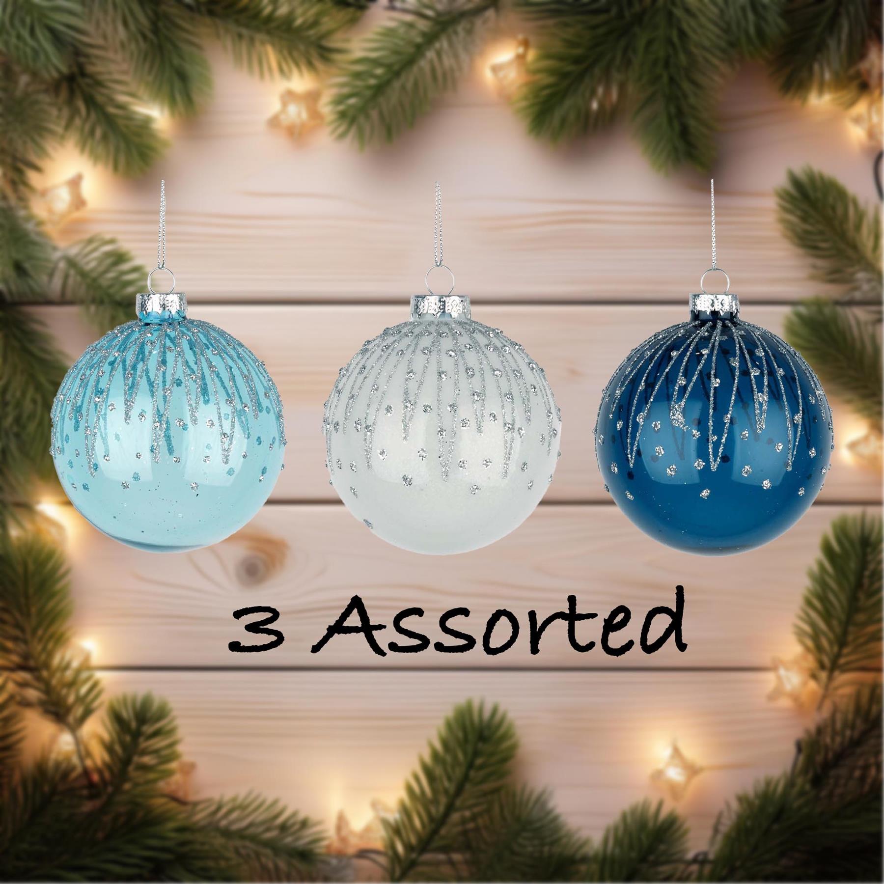 8Cm Glass Baubles 12Pcs Set - Blue,White 3 Assorted Design