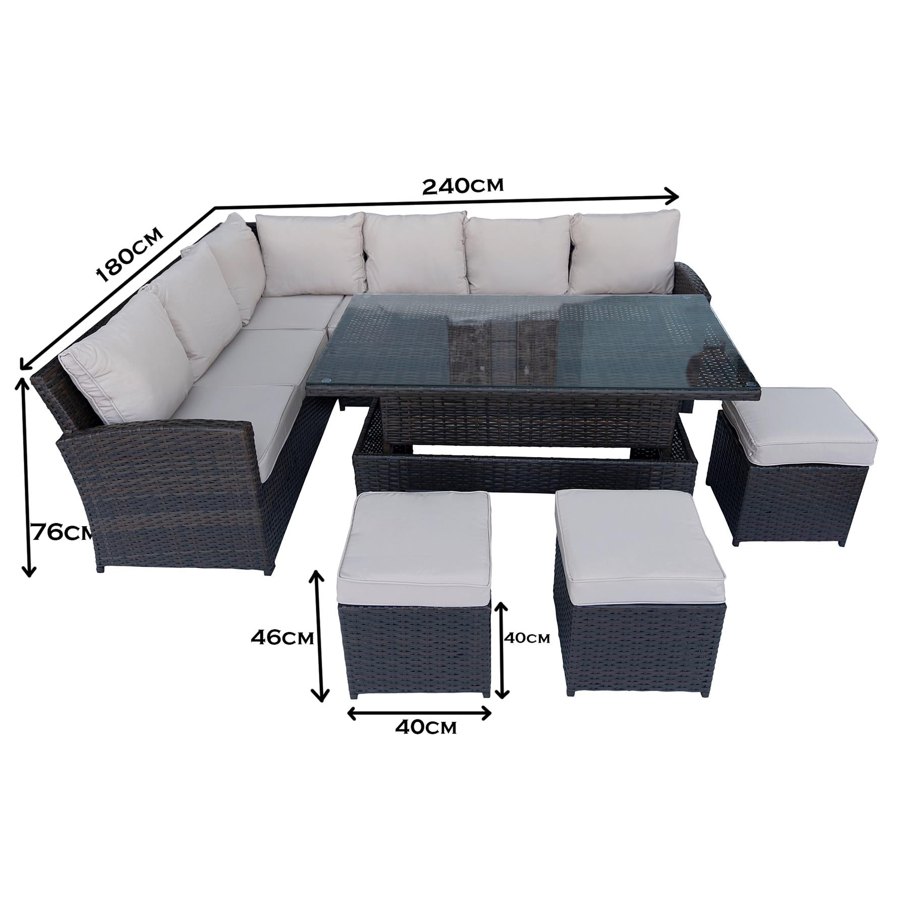 8 Seater Rattan Garden Furniture Corner Sofa Set with Rising Coffee Table, 3pcs Stools, Cushions - Brown