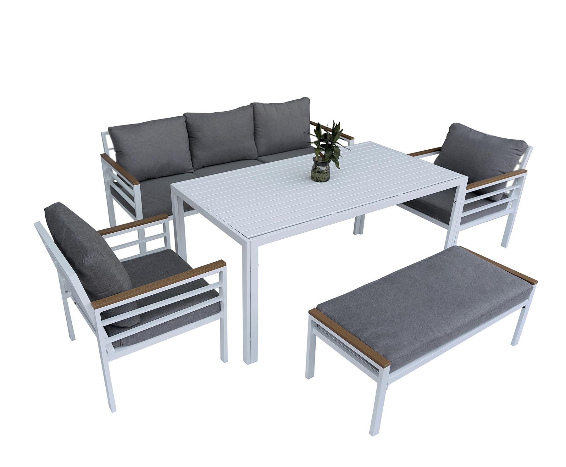 6 Seater Outdoor Garden Sofa Set - Aluminium 5Pcs Garden Furniture Set - White