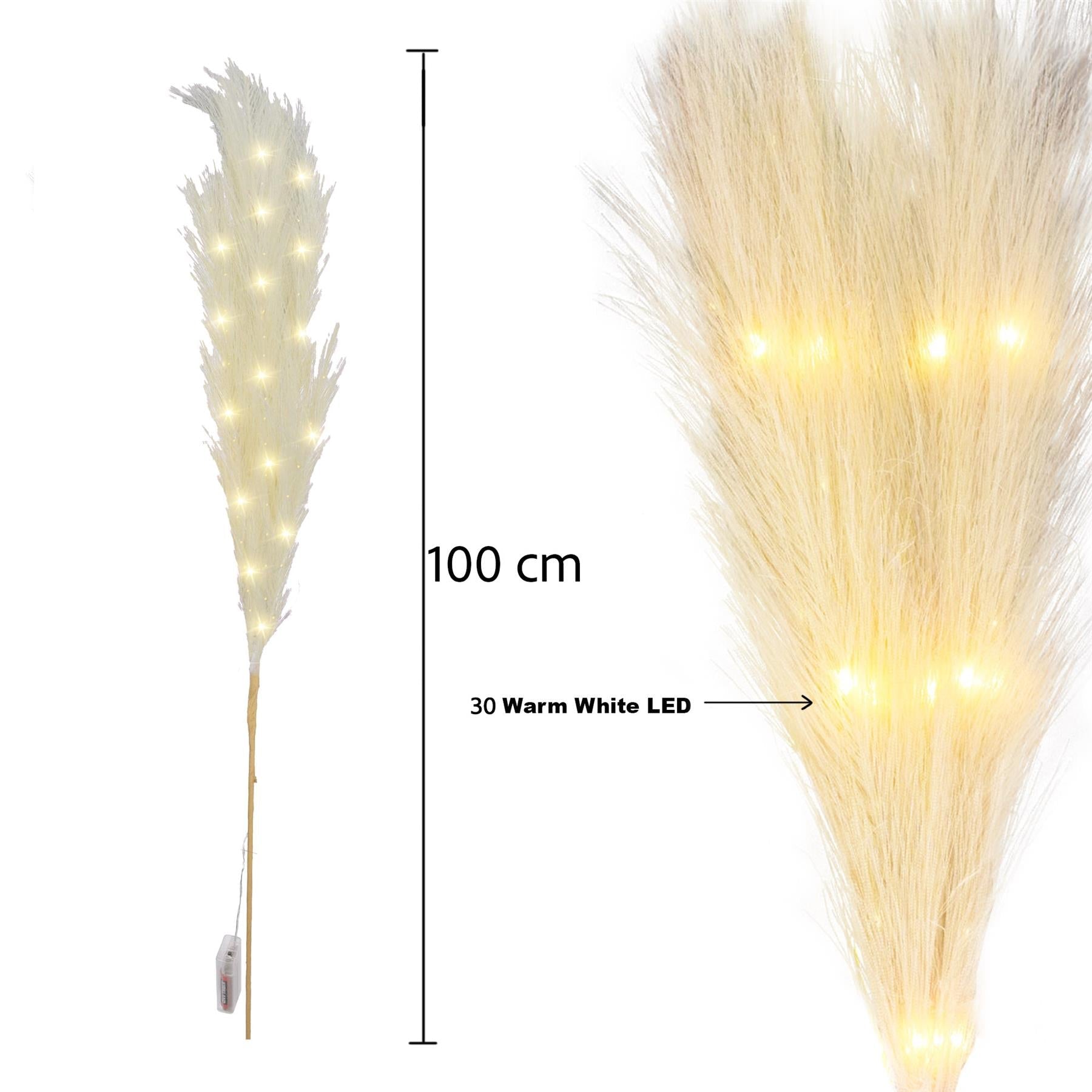 4PCS Pampas Grass Stem Feather Christmas Table Decor Pre-Lit LED B/O Cream 100cm