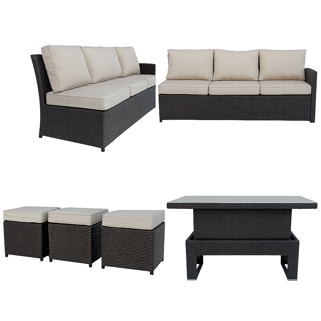 8 Seater Rattan Garden Furniture Corner Sofa Set with Rising Coffee Table, 3pcs Stools, Cushions - Brown