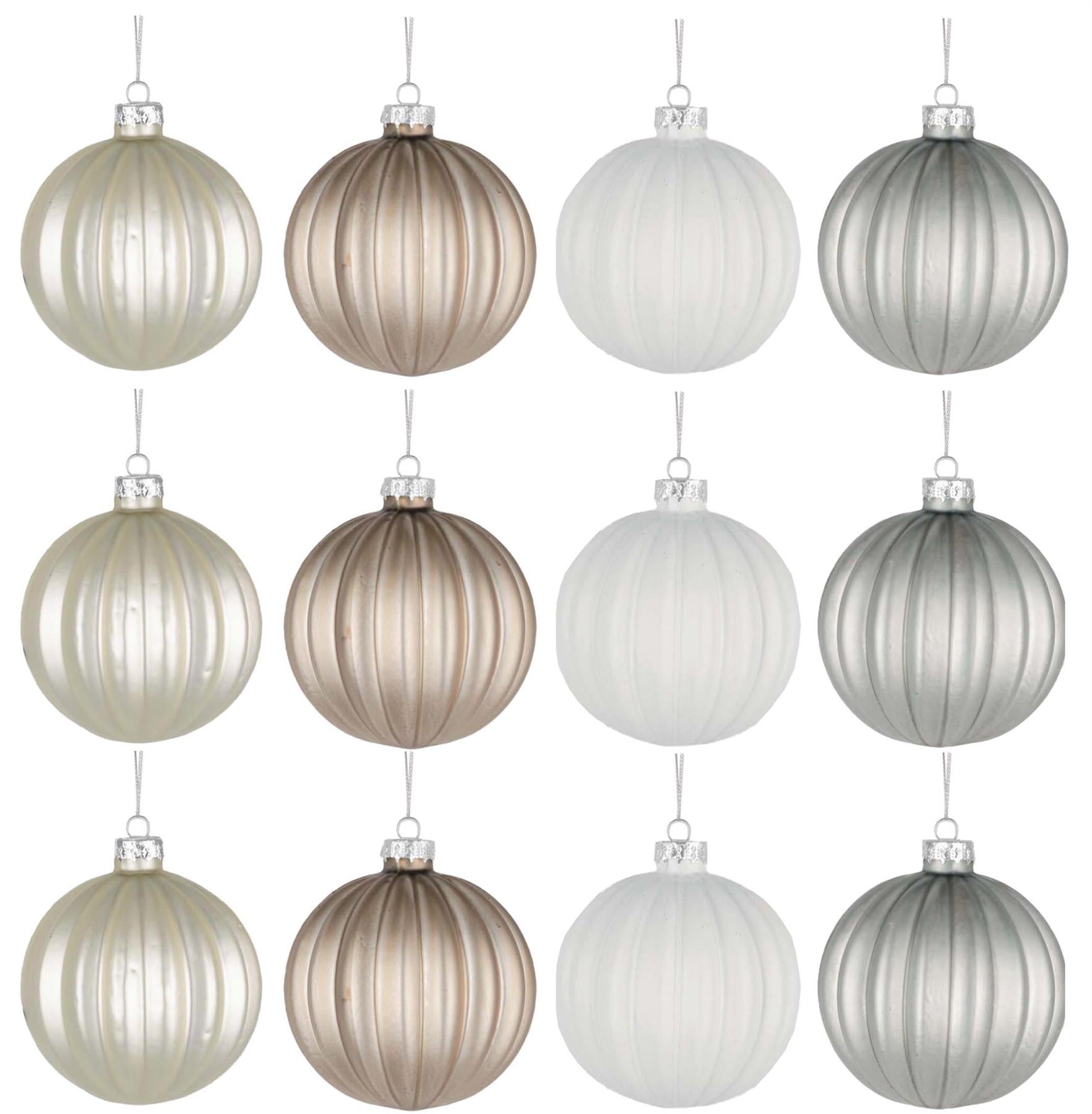 Glass Baubles 12Pcs Set - Pearlchampagne,White,Silver 4 Assorted Design 8Cm