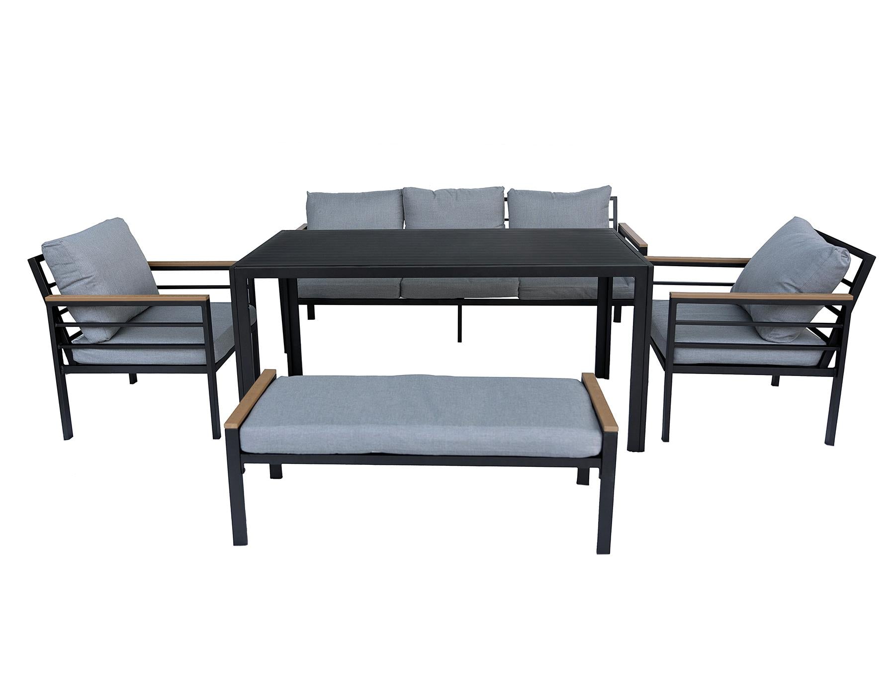 6 Seater Outdoor Garden Sofa Set - Aluminium 5Pcs Garden Furniture Set - Black