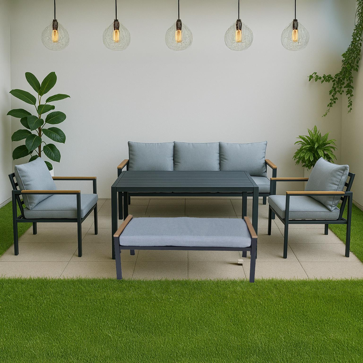 6 Seater Outdoor Garden Sofa Set - Aluminium 5Pcs Garden Furniture Set - Black
